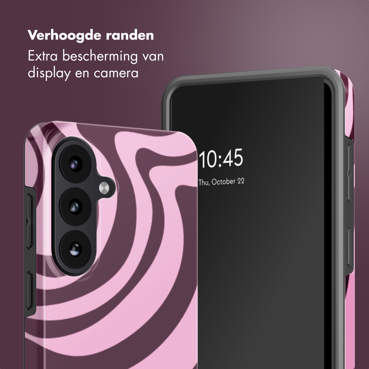 Twee smartphones, één met roze en bruine wervelcase, de andere met een donker scherm met 10:45. Tekst: Extra bescherming.