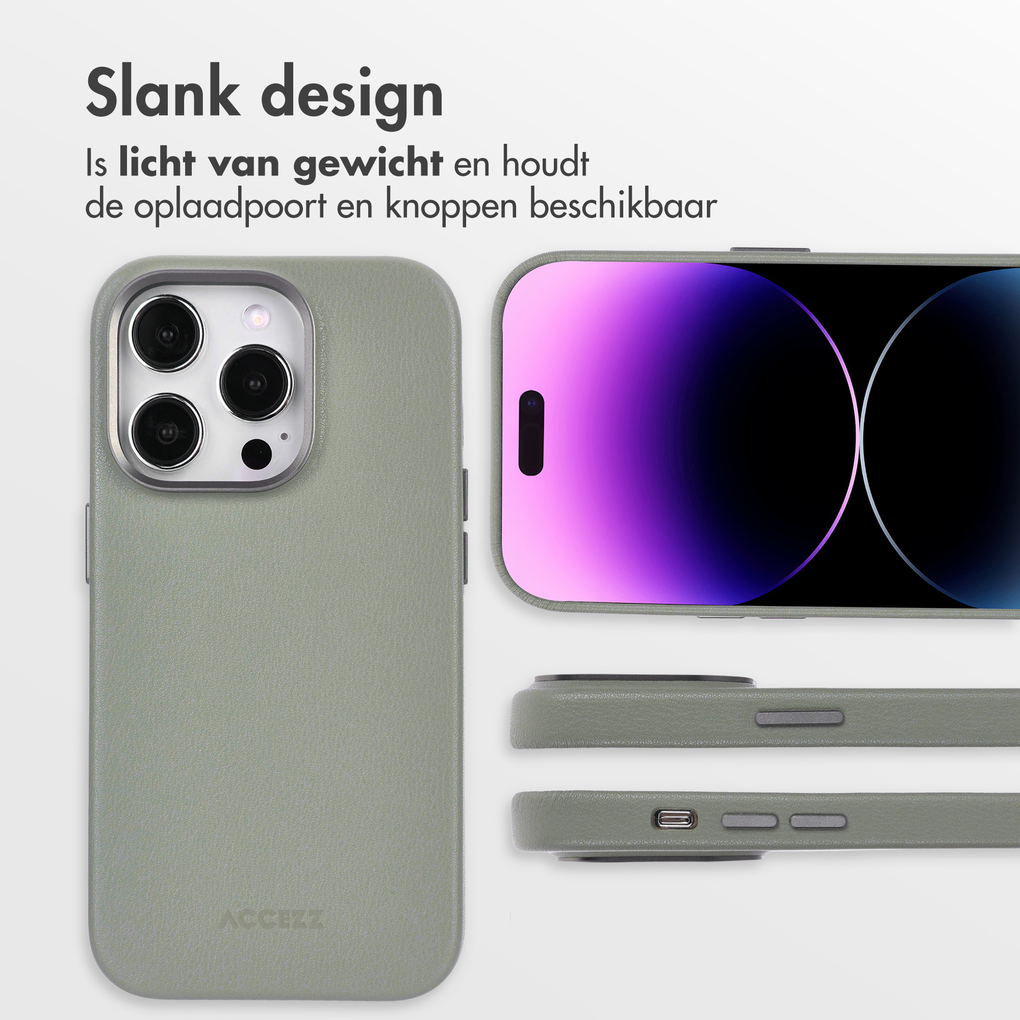 Un téléphone dans un étui vert, montrant le dos et les côtés. L'écran affiche un dégradé violet et noir.