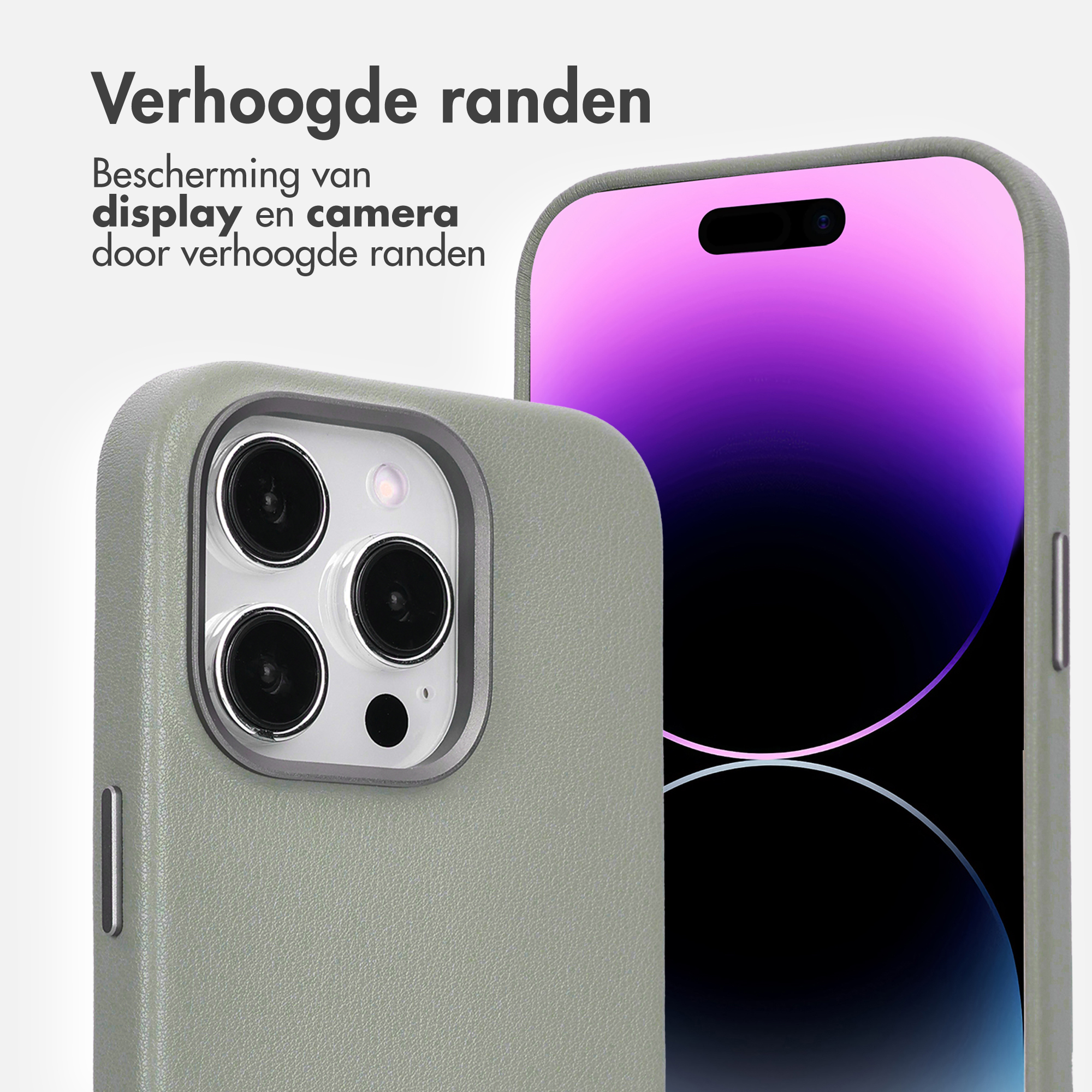 Un étui de téléphone protège un téléphone. L'étui est gris avec des bords surélevés. L'écran du téléphone est un dégradé violet et noir.