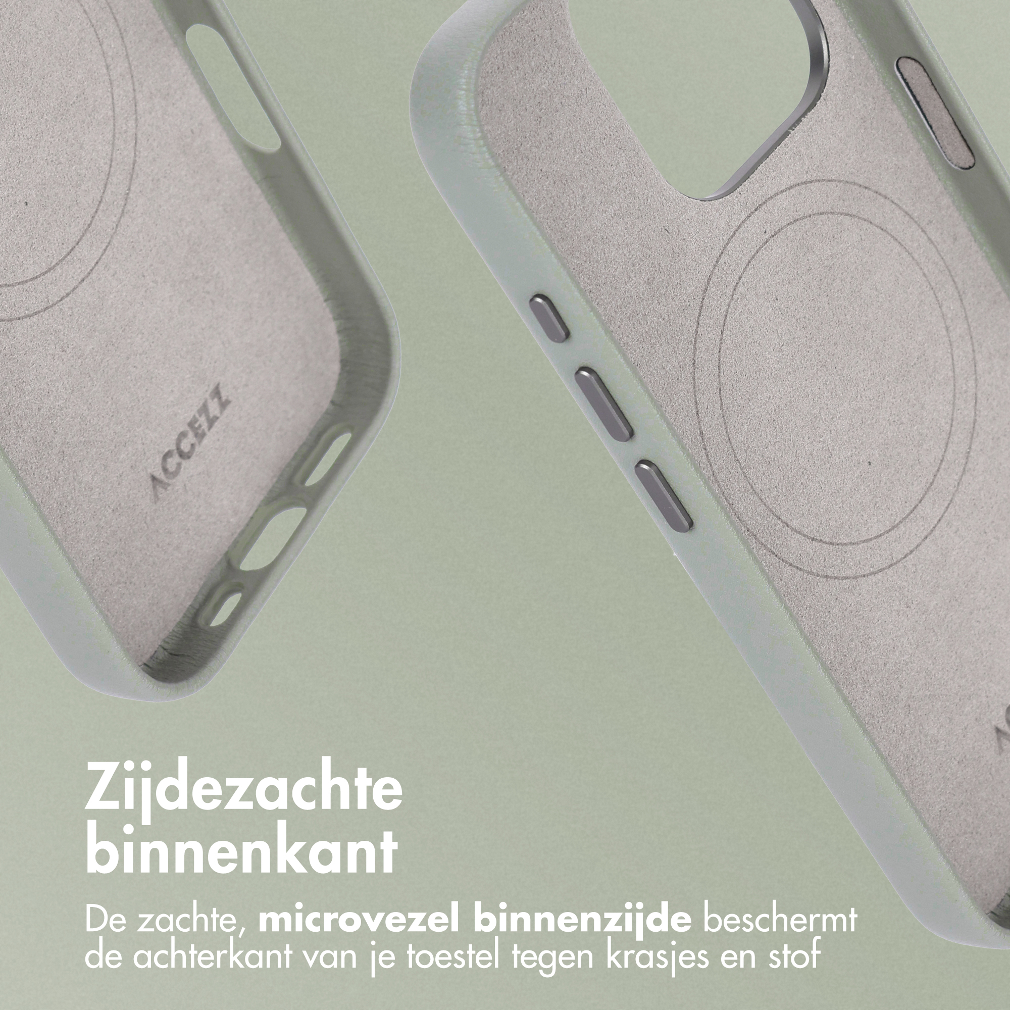 Gros plan sur une coque de téléphone. La coque est vert pâle avec un intérieur gris doux. Elle a des découpes pour les boutons et les haut-parleurs. Le fond est également vert.
