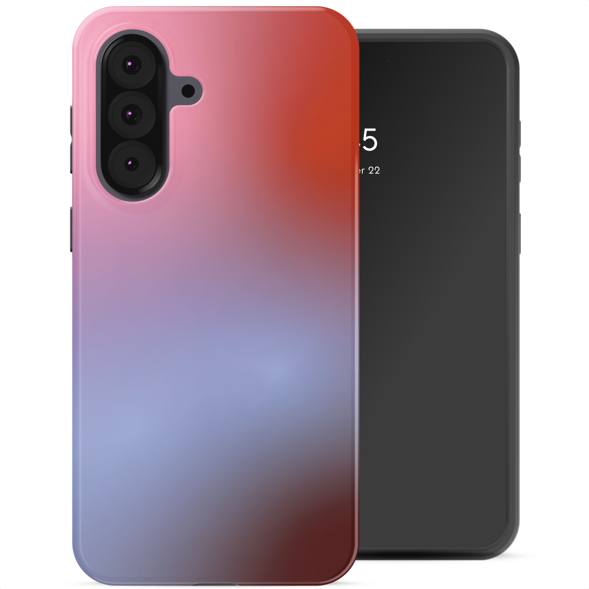 Un smartphone avec une coque dégradée. L'étui a des teintes rose, rouge, bleu et marron. Le téléphone est noir, avec l'heure affichée.