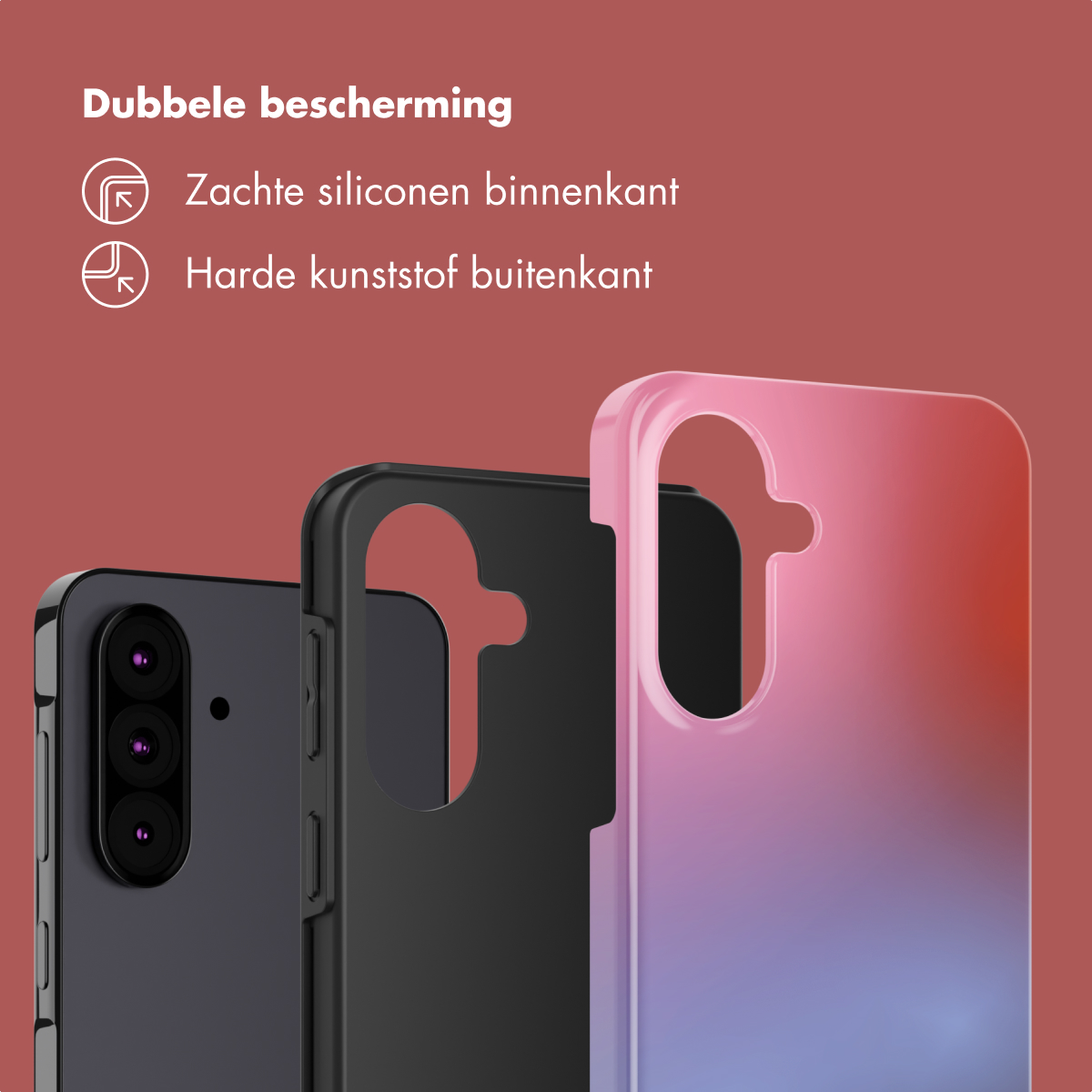 Trois étuis de téléphone : noir, dégradé rose/violet et un téléphone. Texte : Double protection, silicone souple à l'intérieur, plastique dur à l'extérieur.