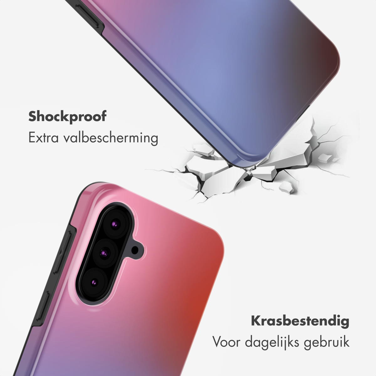 Deux coques de téléphone, une rose et une violette, semblent tomber et briser une surface. Le texte indique antichoc et résistant aux rayures.