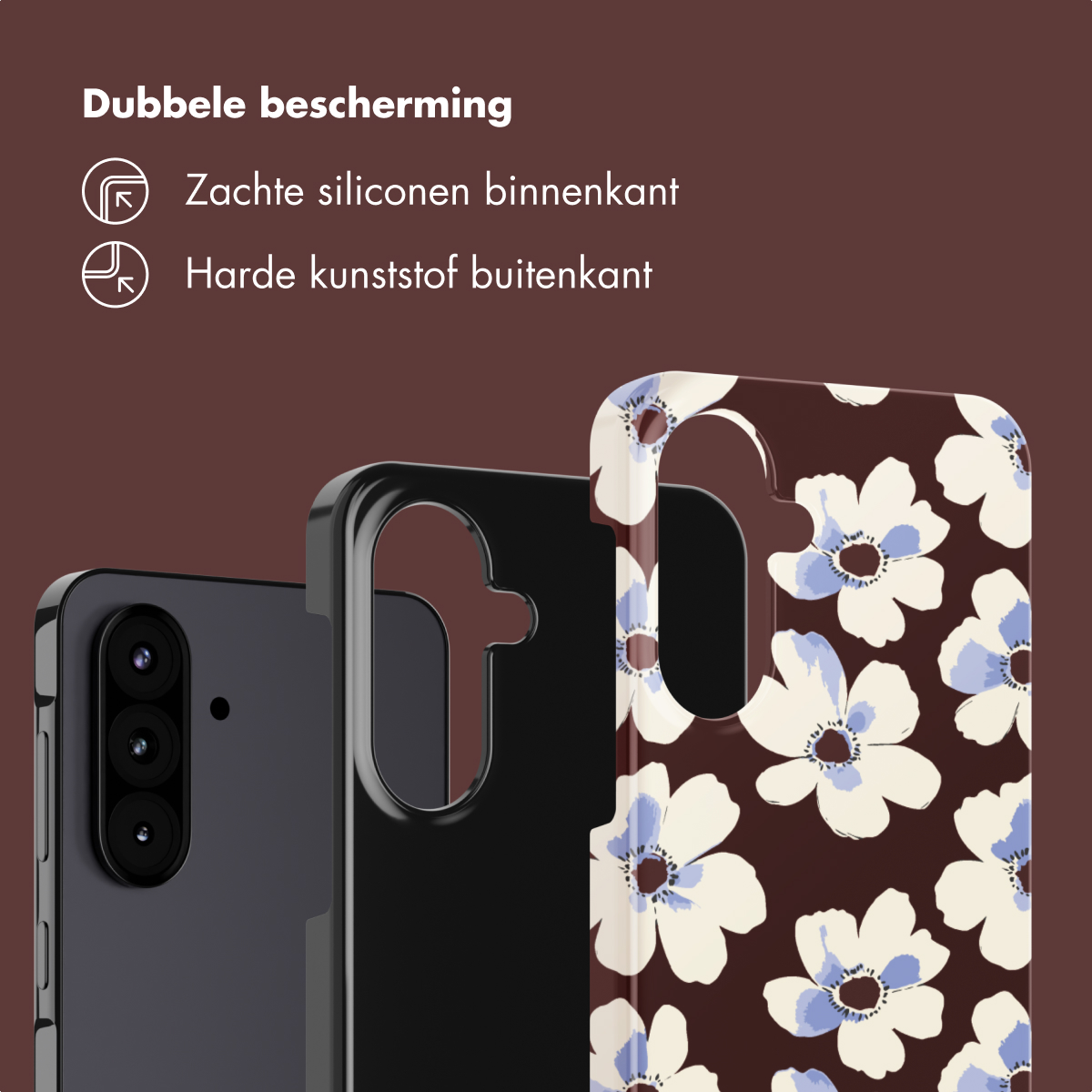 Telefoonhoesjes in een display. Eén zwarte en twee met bloempatronen. Tekst hierboven zegt 'Dubbele bescherming'.