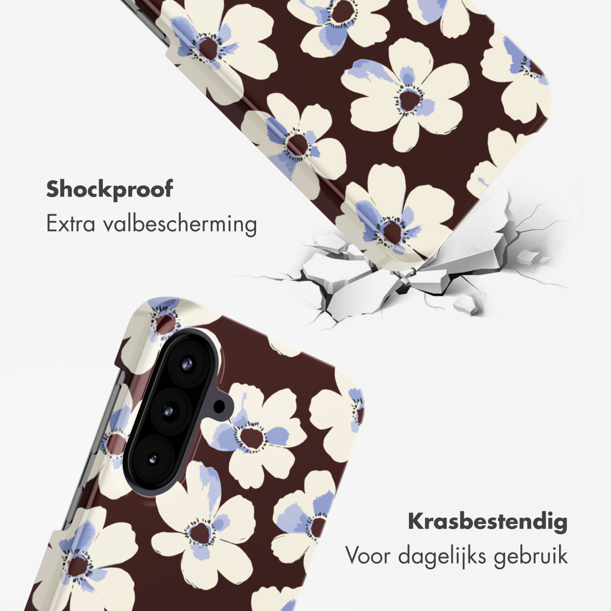 Telefoonhoesjes met bloemenontwerp. Bruine hoesjes met witte en blauwe bloemen. De hoesjes vallen en barsten een oppervlak.