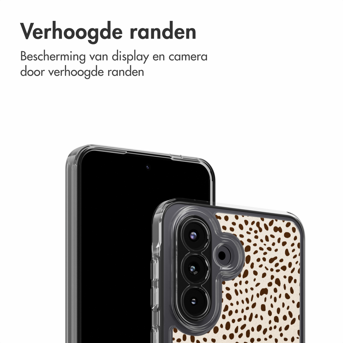 Due smartphone, uno con custodia trasparente, l'altro con un design a pois marrone e beige. Testo: Bordi rialzati per la protezione del display e della fotocamera.
