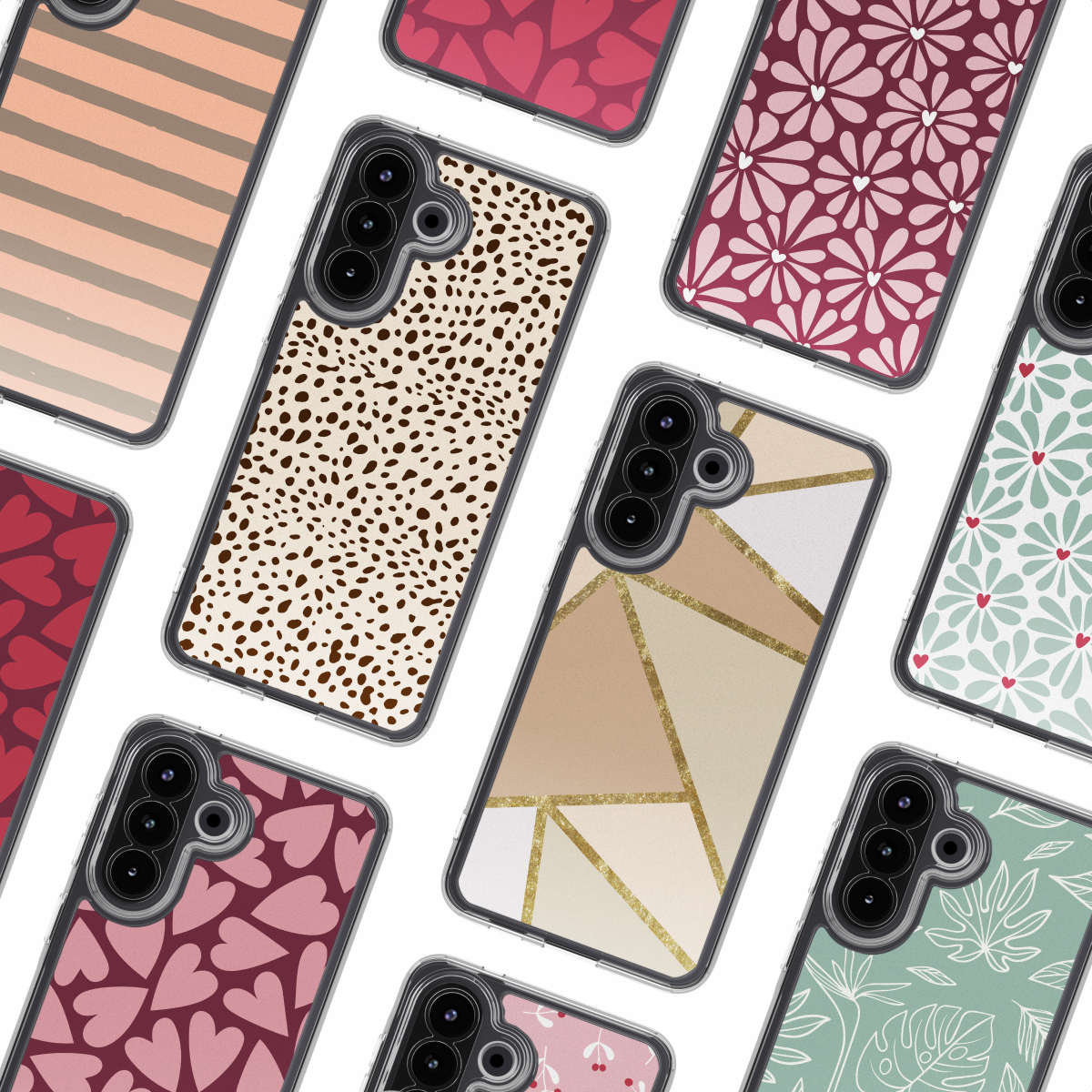 Collezione di custodie per telefoni. Vari disegni: stampa leopardata, floreale, geometrica, cuori, strisce e motivi a foglie. Le custodie hanno bordi trasparenti.