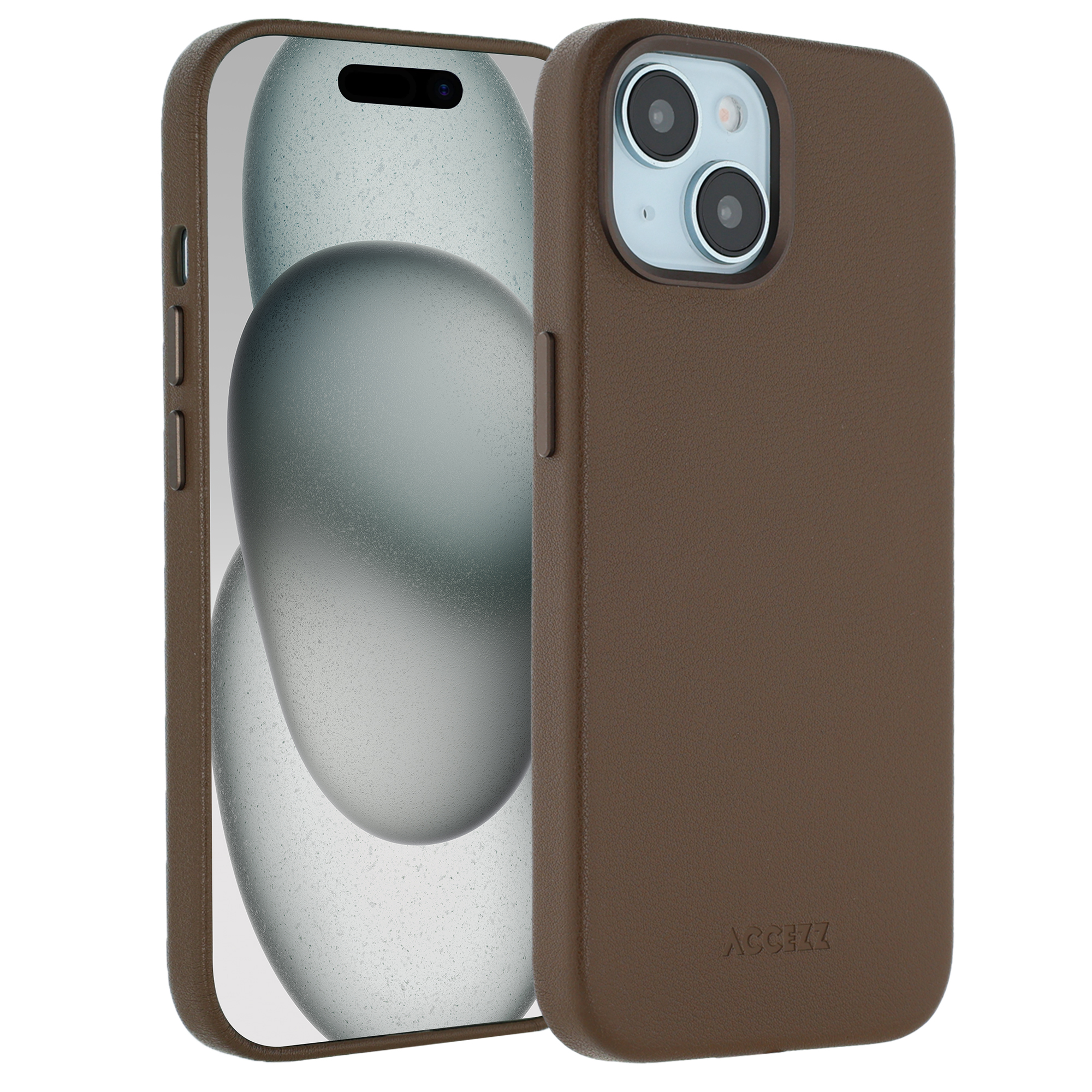 Une coque de téléphone marron avec un téléphone à l'intérieur, montrant l'écran. La coque porte la marque ACCEZZ. Le téléphone a trois caméras.