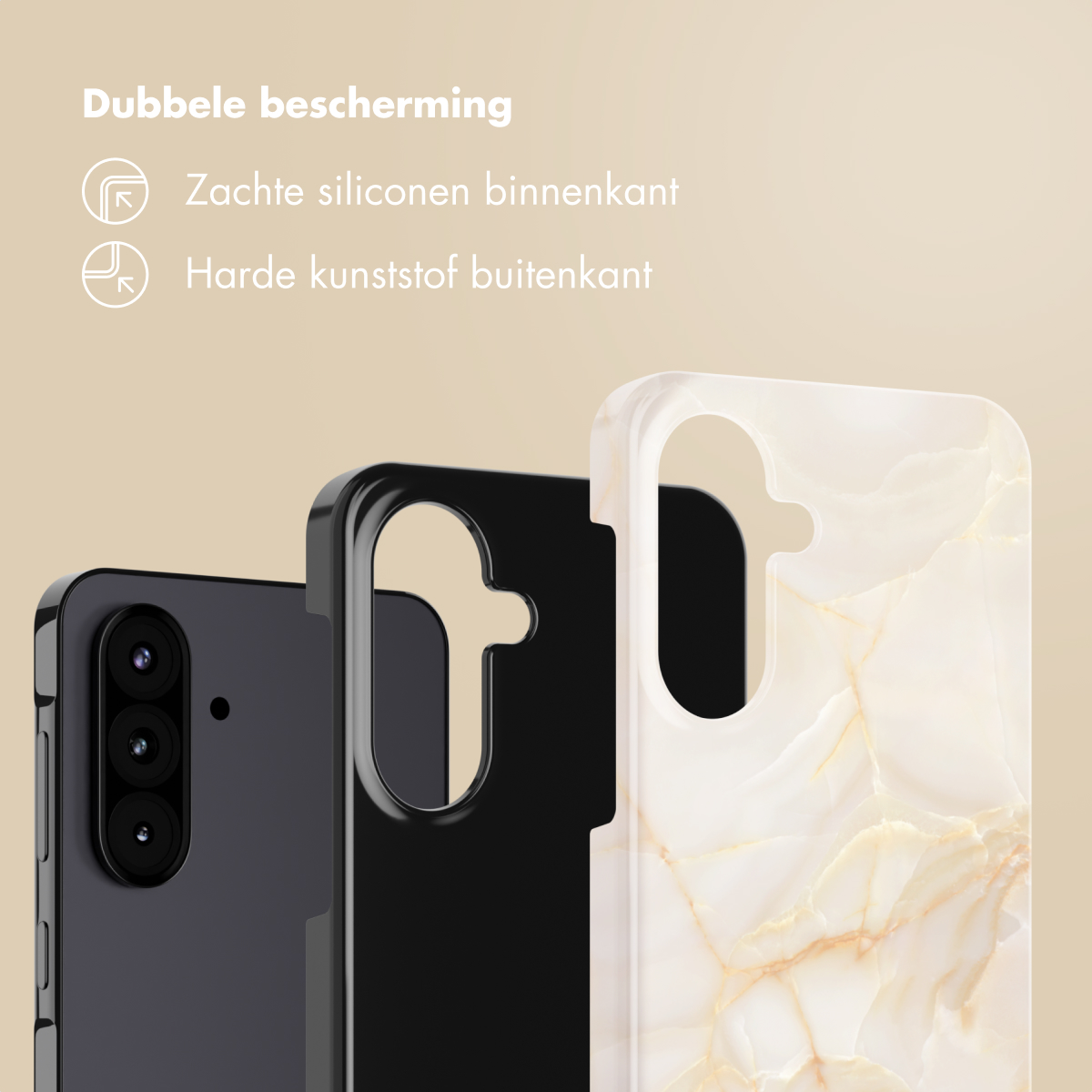 Trois coques de téléphone : noir, marbre blanc et noir. Le texte dit 'Double protection' avec détails sur les matériaux.