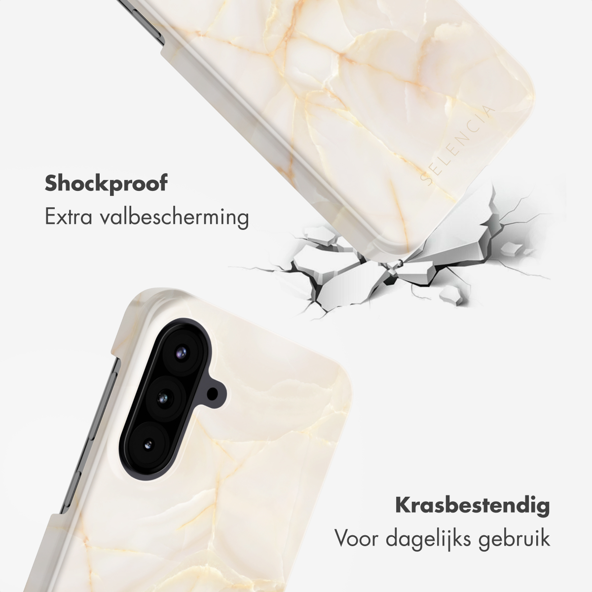 Deux coques de téléphone avec texture marbre, une tombe et brise une surface. Texte : Antichoc et résistant aux rayures.