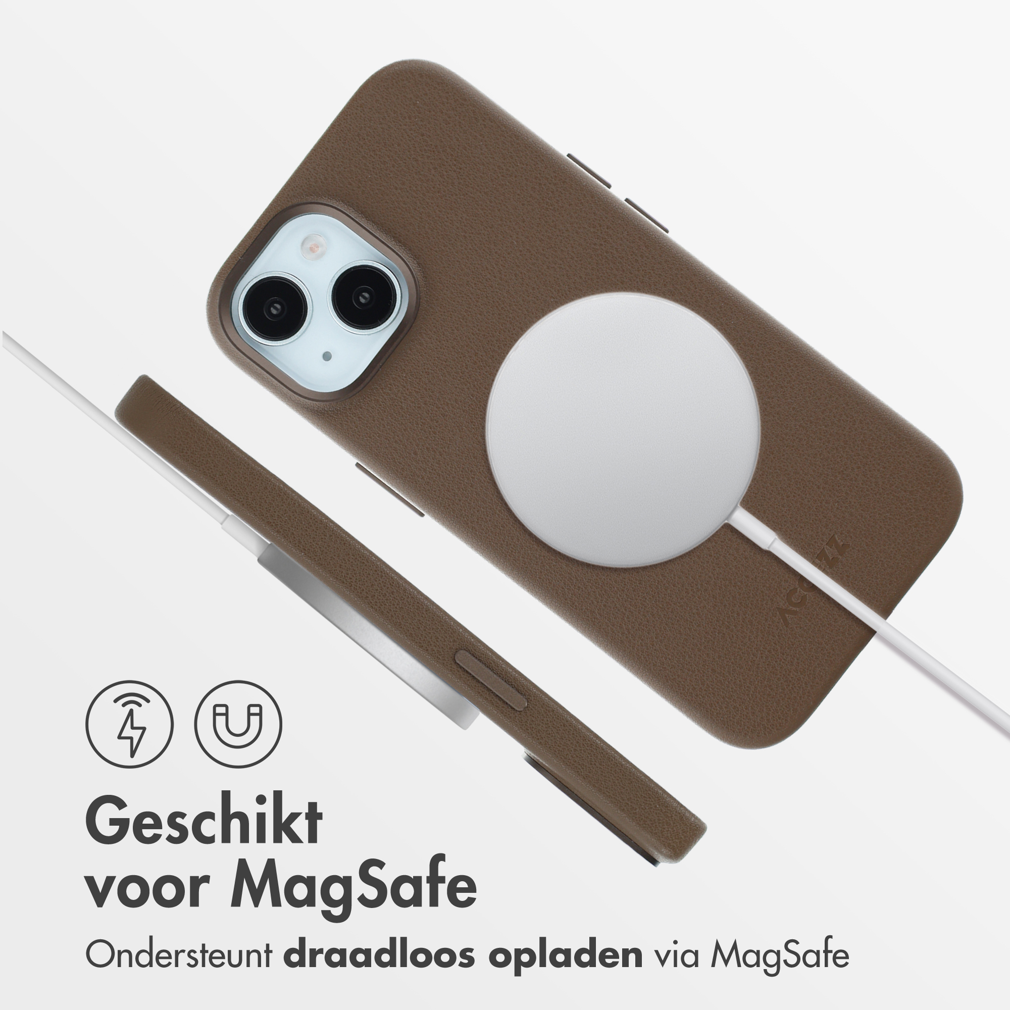 Coque de téléphone marron avec chargeur MagSafe blanc. Le texte dit 'Convient pour MagSafe'.
