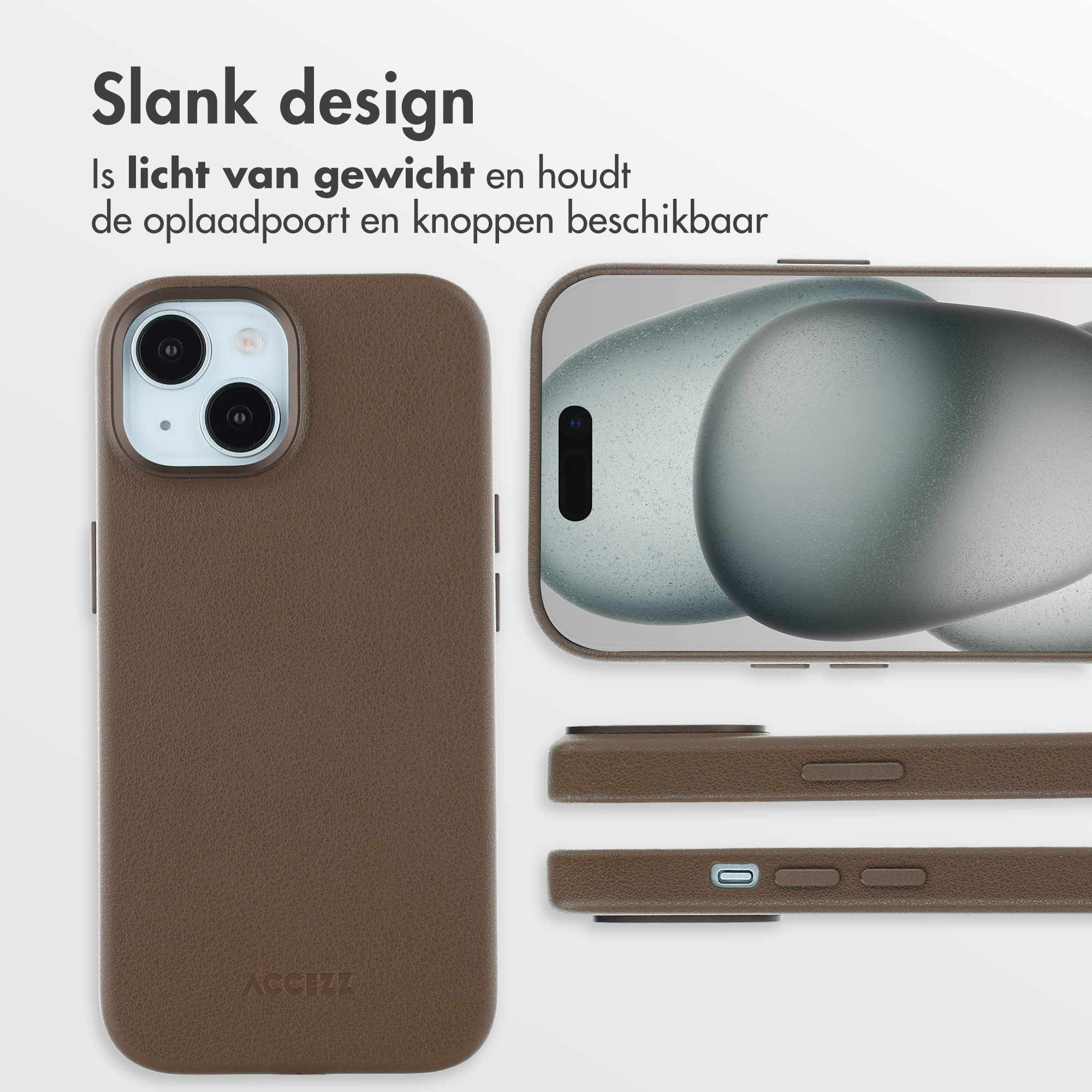 Braune Handyhülle mit einem Telefon rechts. Text oben lautet 'Slank design'.
