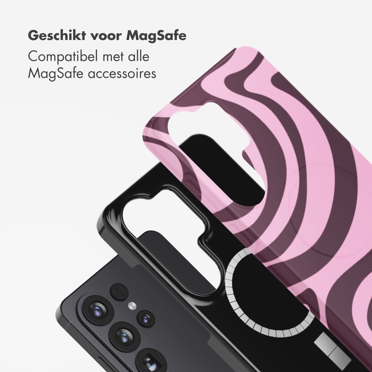 Téléphone avec étui zébré rose et marron foncé, cadre noir et corps noir. Fond blanc. Texte : Geschikt voor MagSafe.