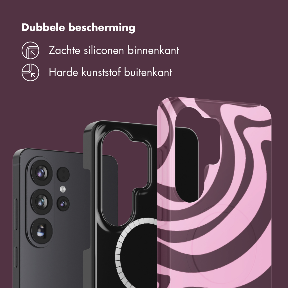 Un téléphone et des étuis de téléphone sont présentés. L'étui de droite a un motif tourbillon rose et marron. Le téléphone est noir.