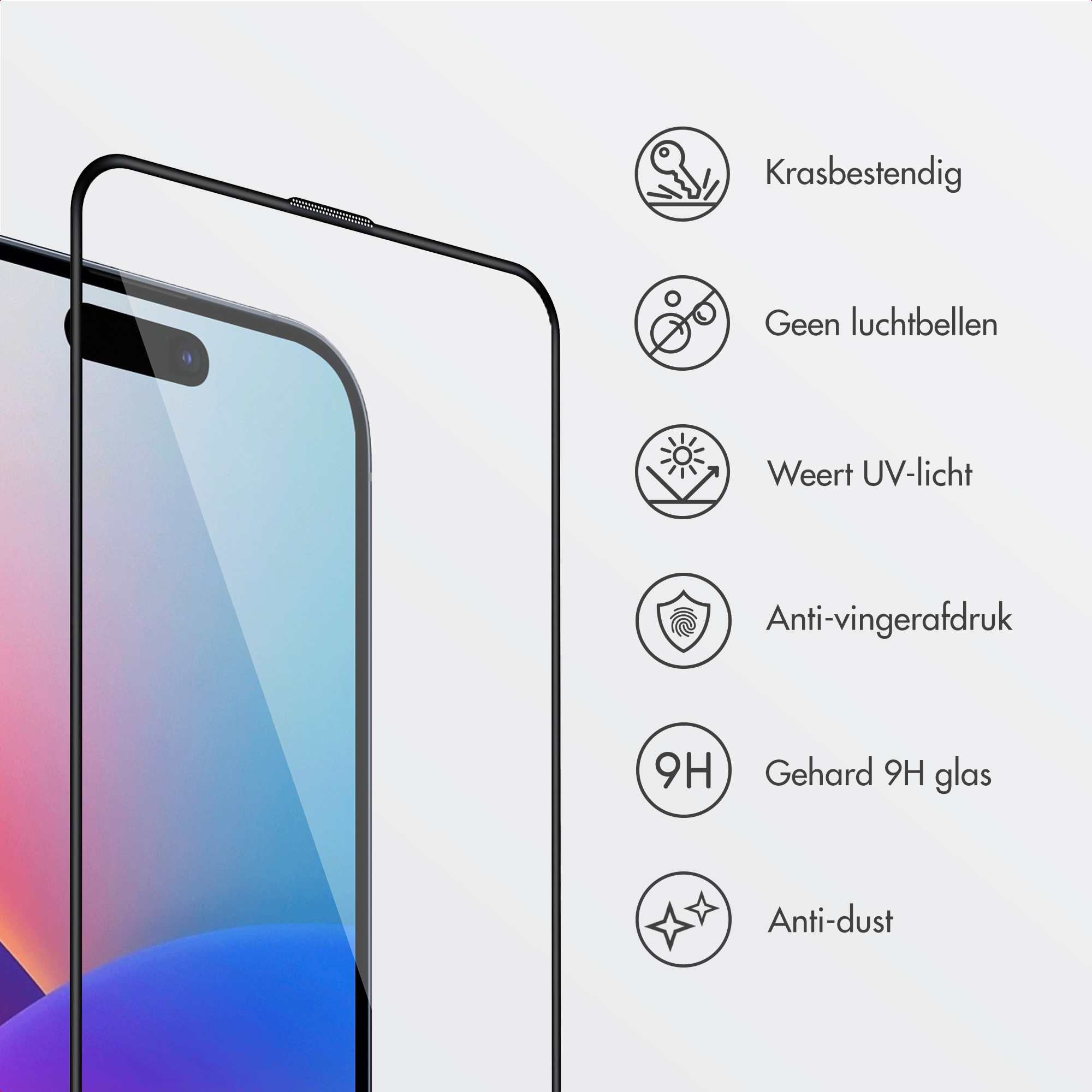 Image shows a smartphone with a screen protector. Icons indicate features like scratch resistance and anti-fingerprint.