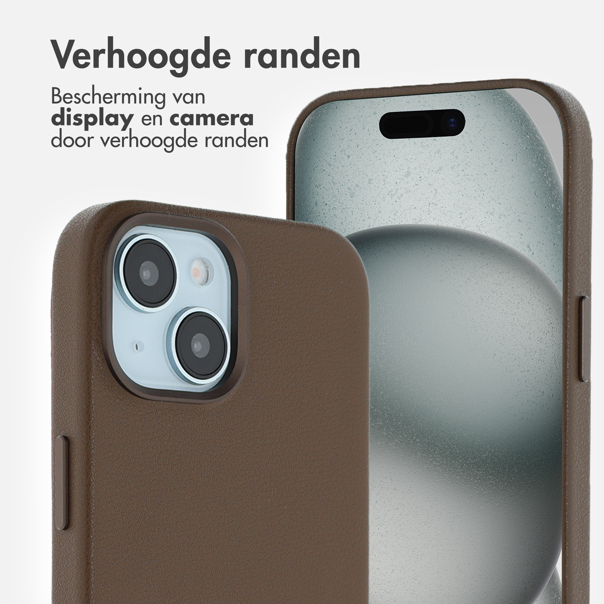 Coque de téléphone marron avec bords surélevés. Un téléphone est visible. Texte : Protection de l'écran et de la caméra par bords relevés.