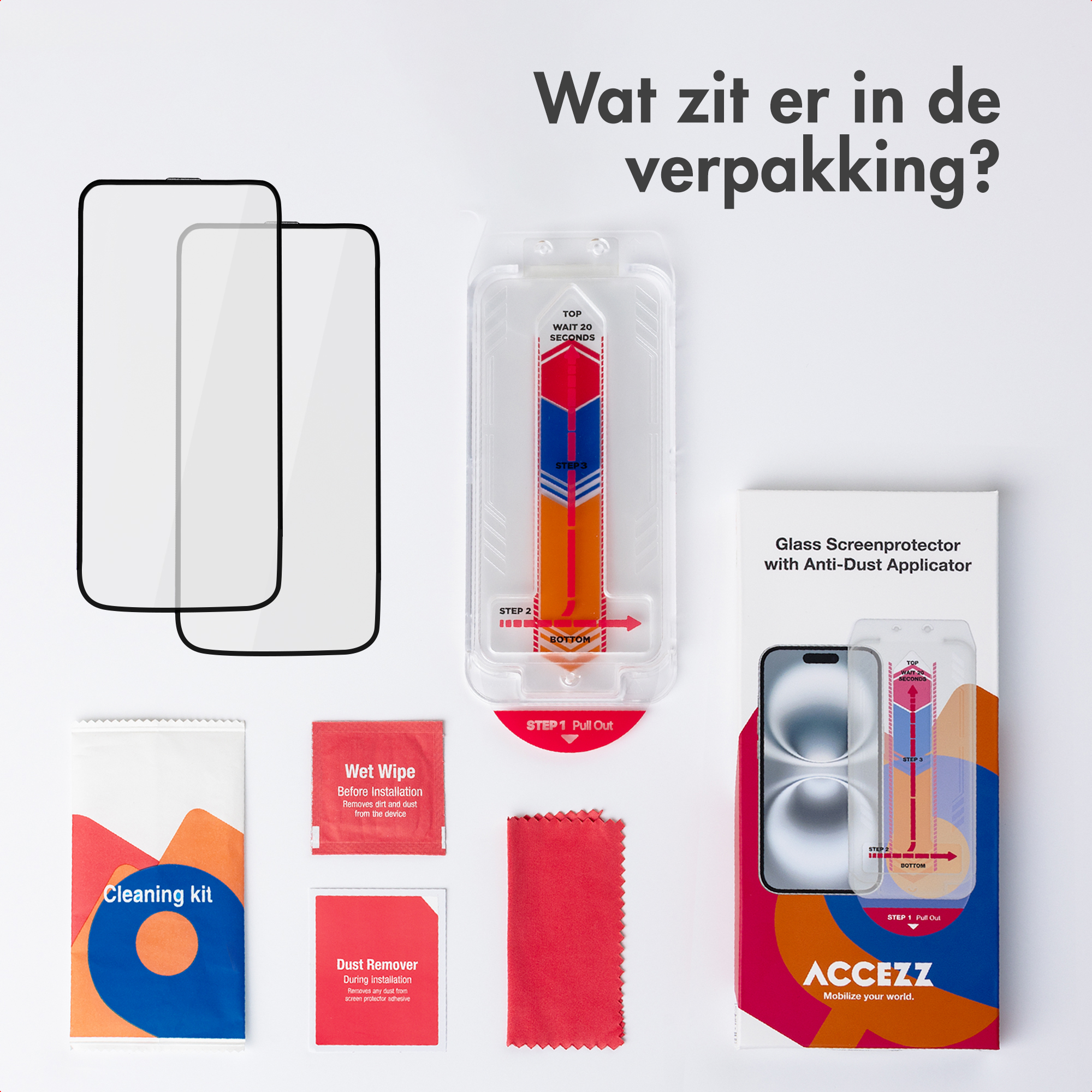 De afbeelding toont een screenprotector kit, inclusief protectors, reinigingsdoekjes en een applicator. Tekst in het Nederlands.