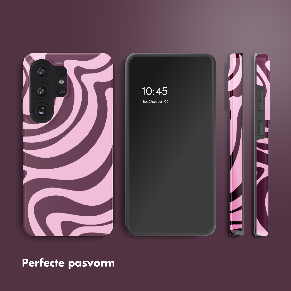 Coque de téléphone avec un motif tourbillon rose et violet foncé. L'écran du téléphone affiche l'heure et la date. La coque est montrée sous plusieurs angles.