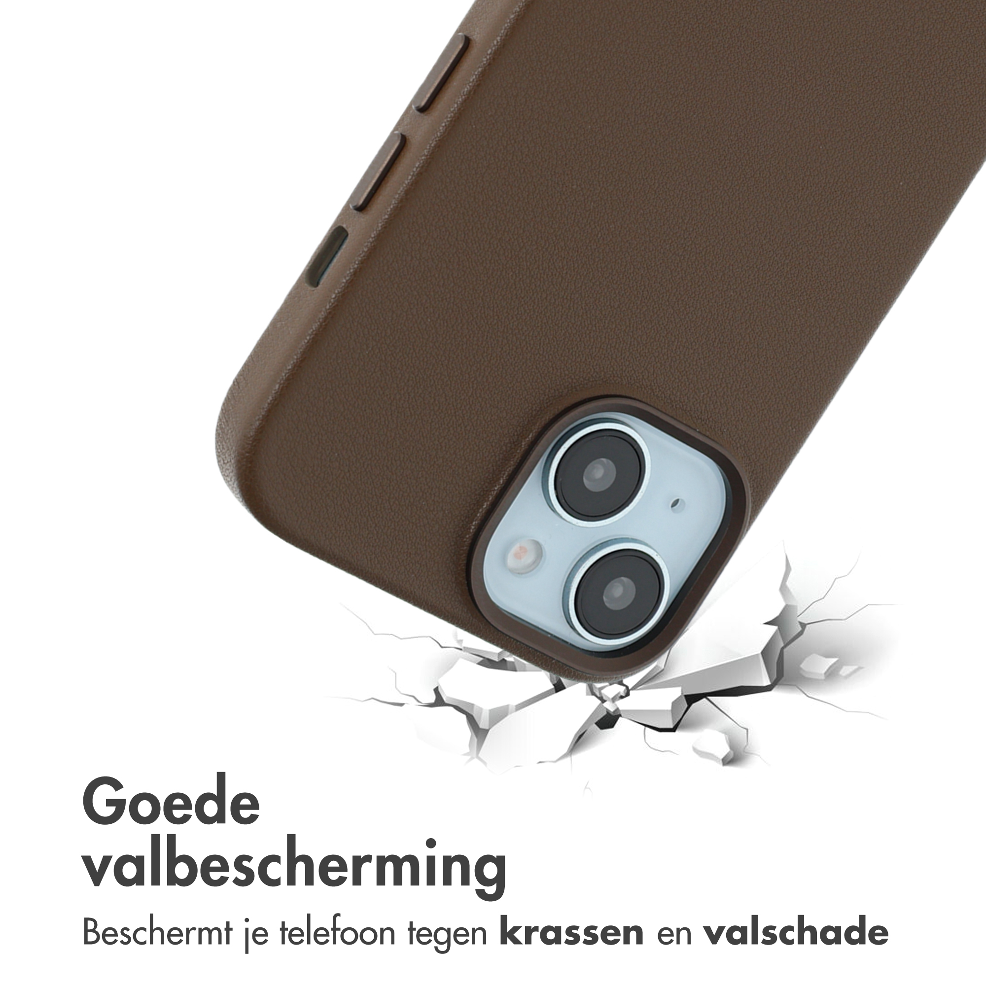 Coque de téléphone marron sur fond blanc, impact fissuré. Texte : Bonne protection contre les chutes, protège des rayures.