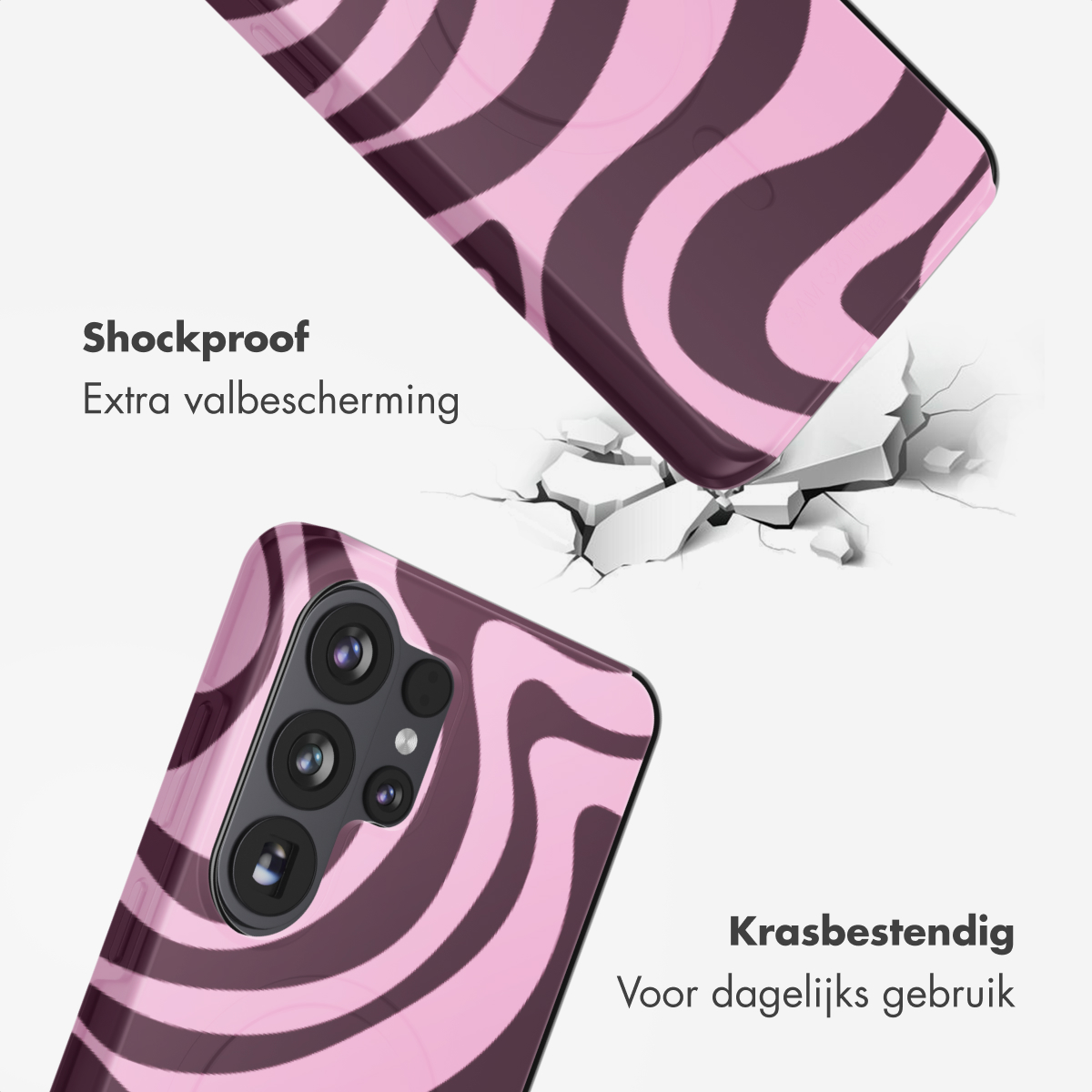 Coque de téléphone à rayures roses et marron. La coque est antichoc et résistante aux rayures. Un étui brise une surface.