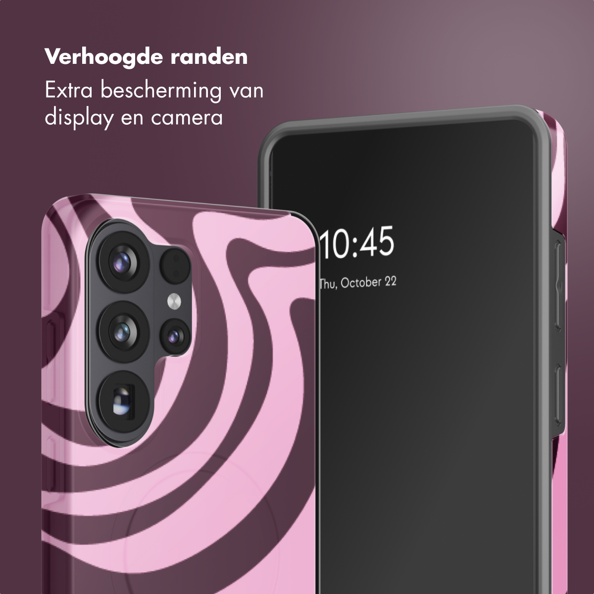 Deux téléphones avec des étuis. L'un a un motif tourbillonnant rose et marron, l'autre noir. Les deux ont un fond violet foncé.