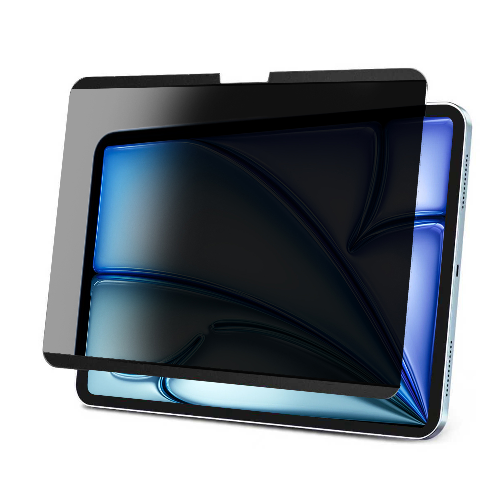 Tablet con schermo privacy. Lo schermo è nero, con un gradiente blu dietro.