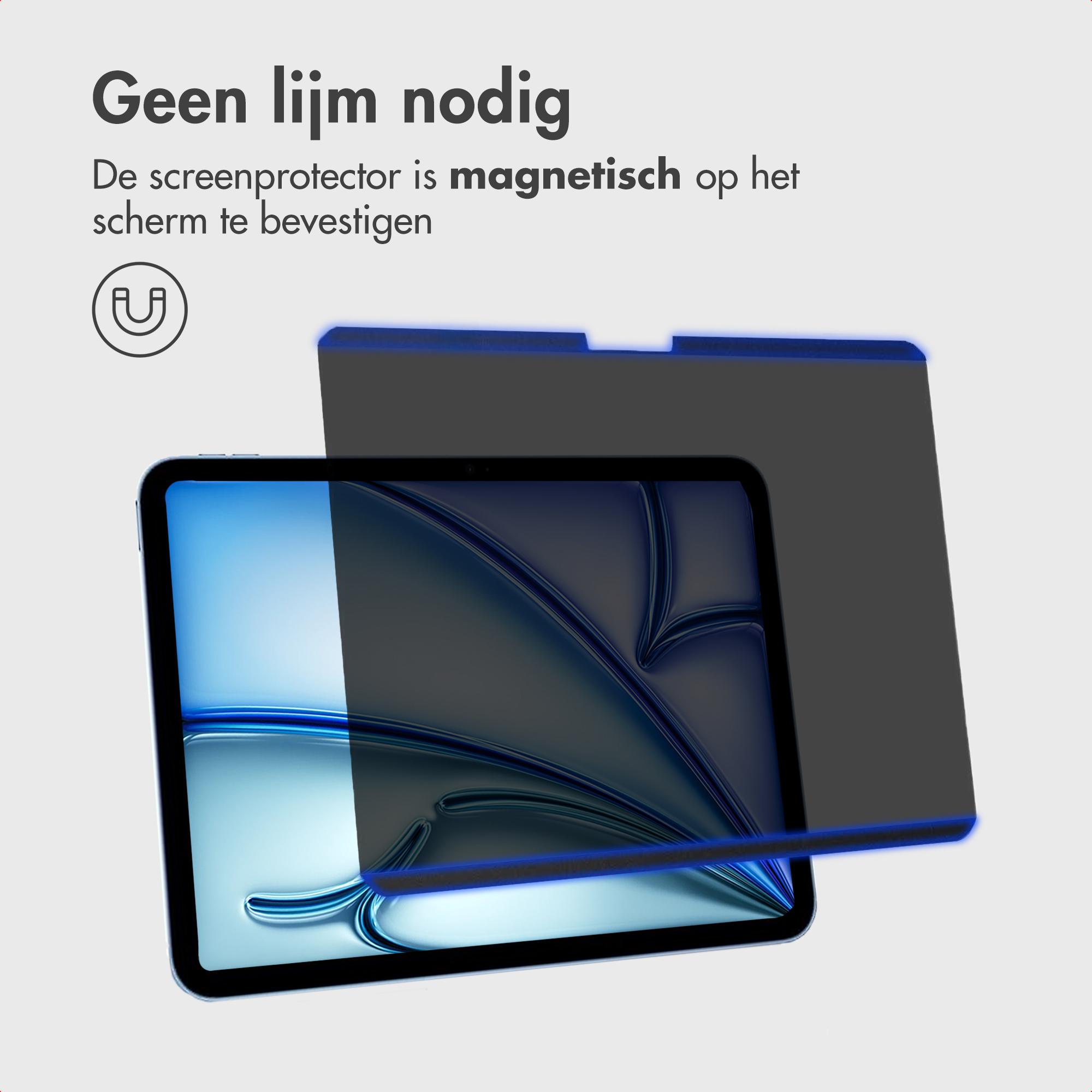 Tablet con protezione schermo. Protezione schermo grigia su uno schermo di tablet, con contorno blu. Testo: non serve colla.