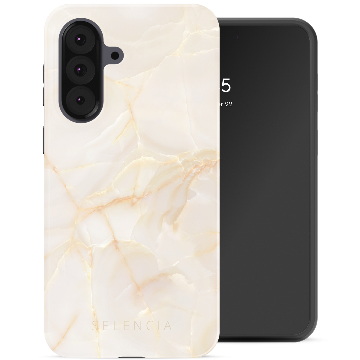 Un smartphone avec une coque à motif marbre et un écran noir affichant la date et l'heure.