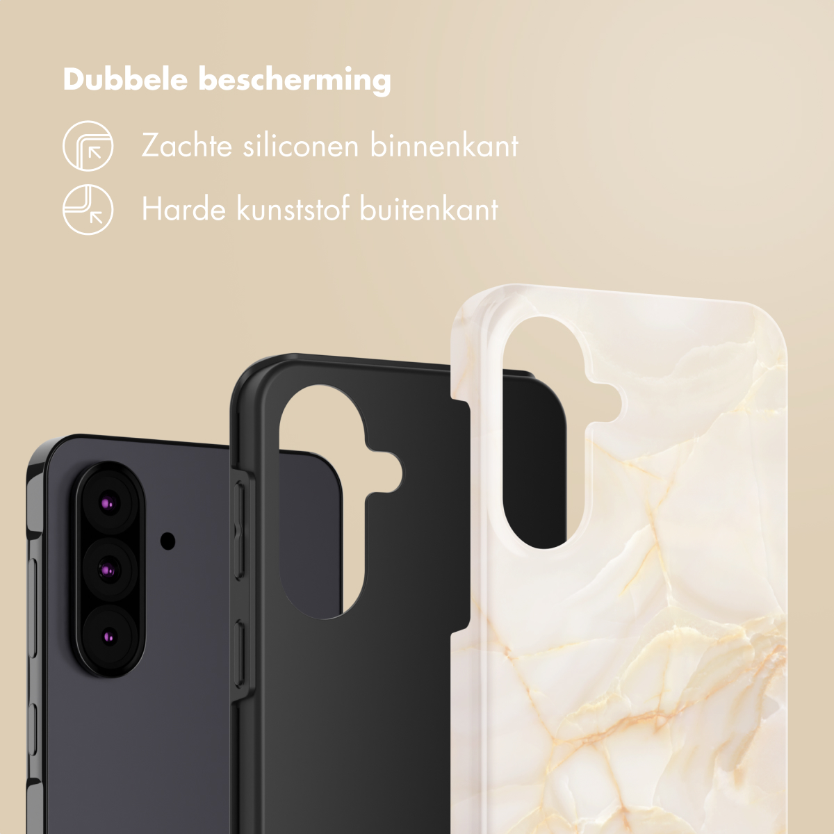 Trois coques de téléphone : noire, noire avec motif marbre et un téléphone. Texte : Double protection, silicone souple à l'intérieur, plastique dur à l'extérieur.