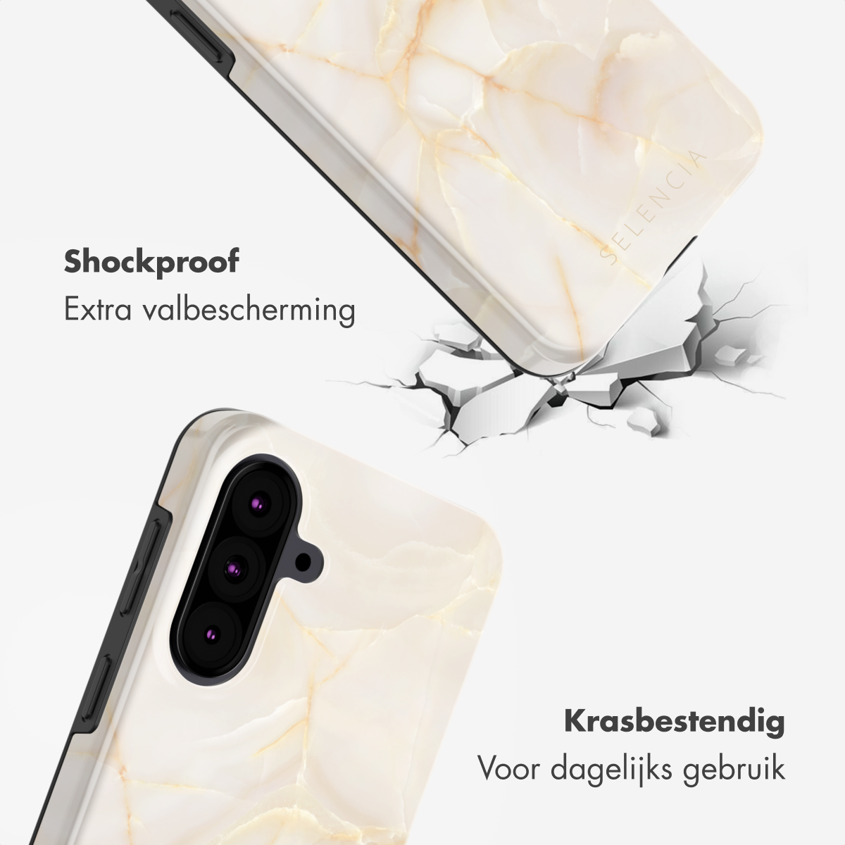 Coque de téléphone avec motif marbre. Une coque est fissurée, l'autre intacte. Textes: 'antichoc' et 'résistant aux rayures'.