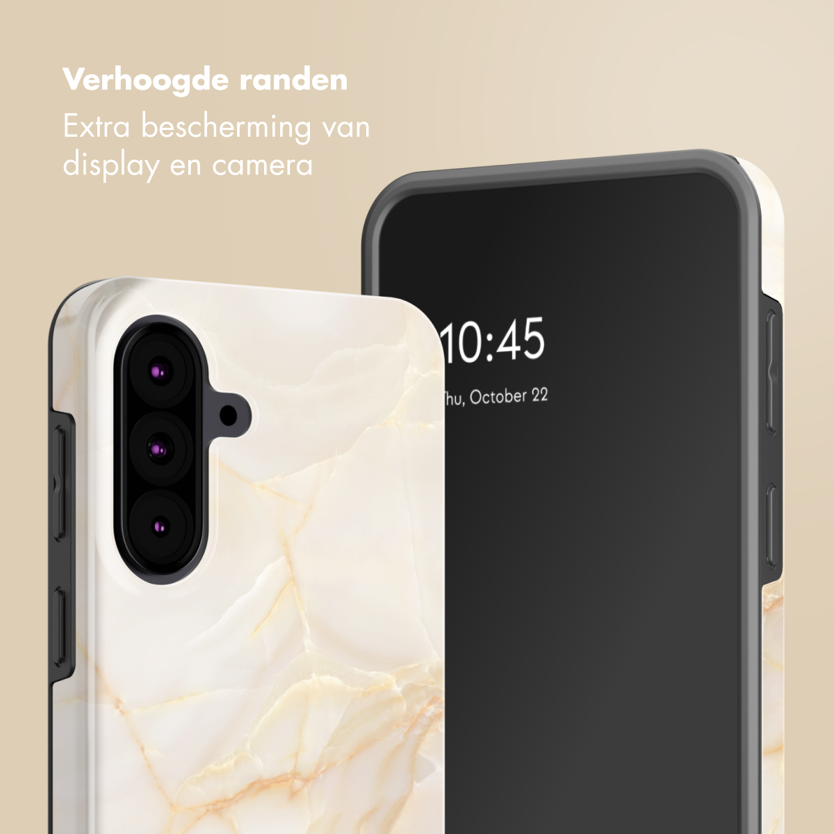 Deux téléphones dans des étuis. L'un est marbré, l'autre a un écran noir affichant l'heure. Texte en haut.
