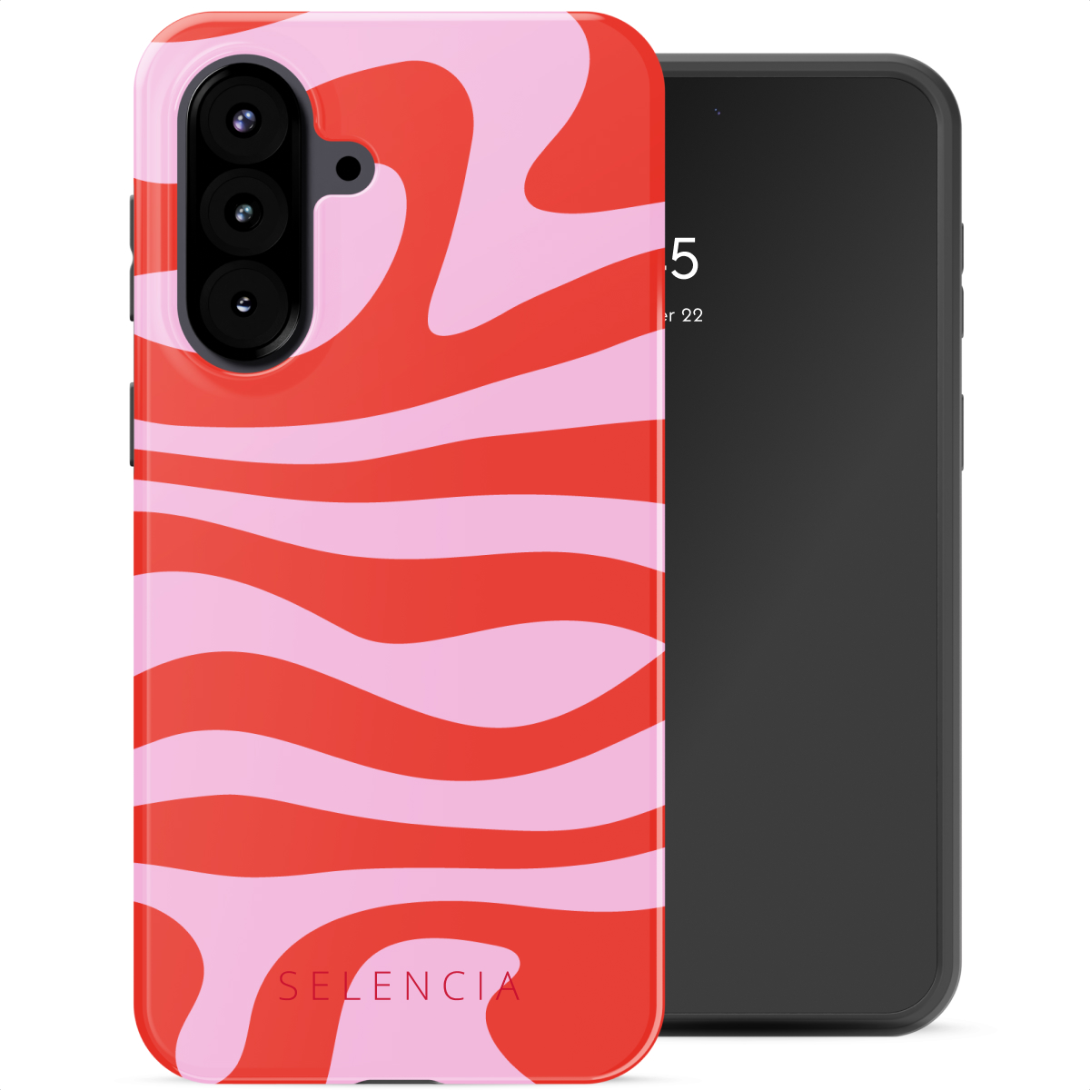 Een telefoon met een rood-roze golfpatroonhoesje. Het scherm toont de tijd. De hoes heeft het woord SELENCIA onderaan.