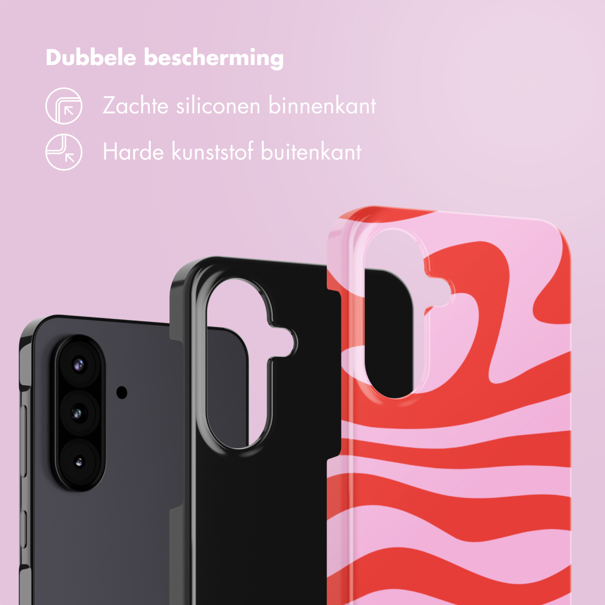 Drie telefoonhoesjes: zwart, rode en roze werveling en effen. De tekst zegt 'Dubbele bescherming' en beschrijft de gebruikte materialen.