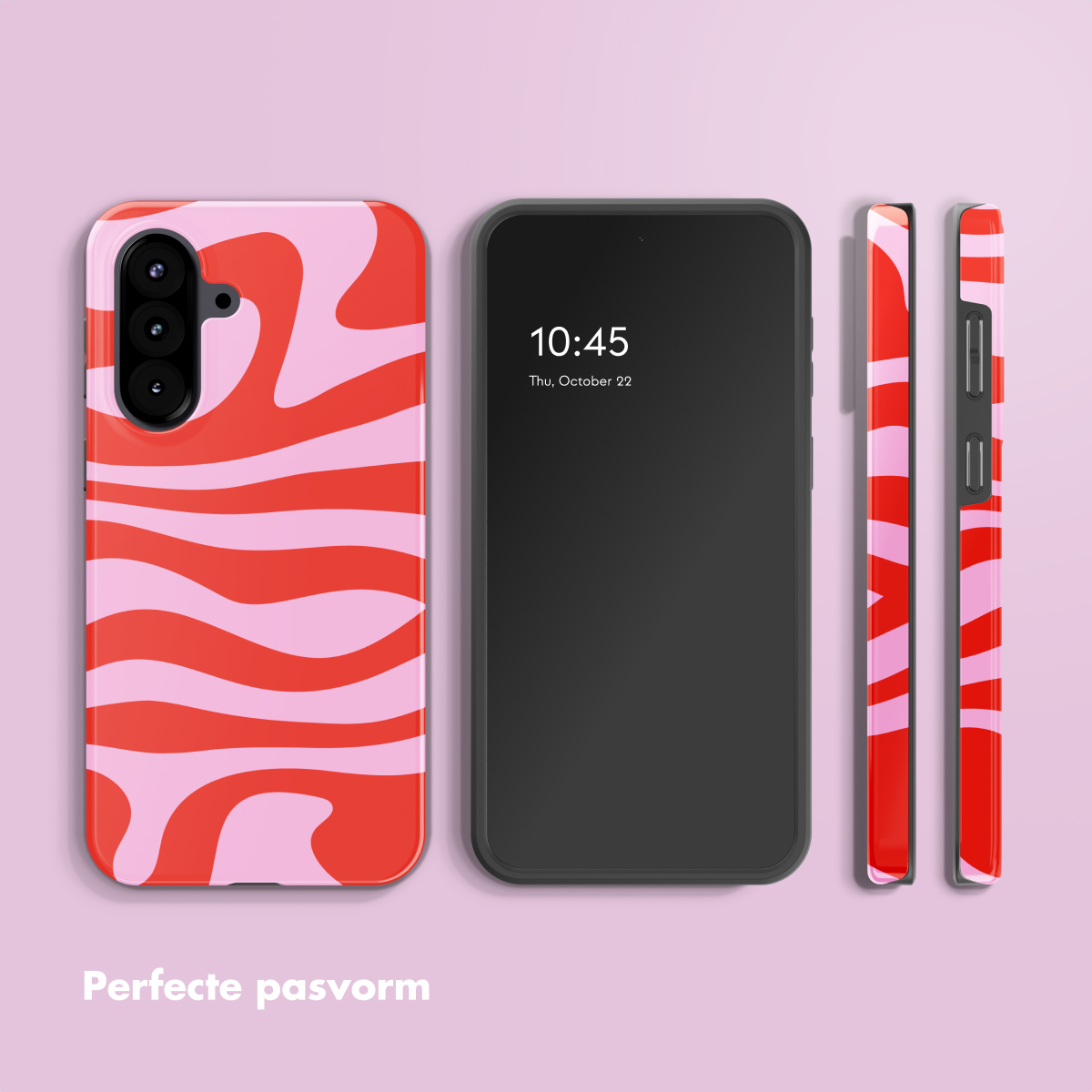 Een telefoon en accessoires met een roze en rode golfdesign op een paarse achtergrond. De telefoon toont de tijd 10:45.