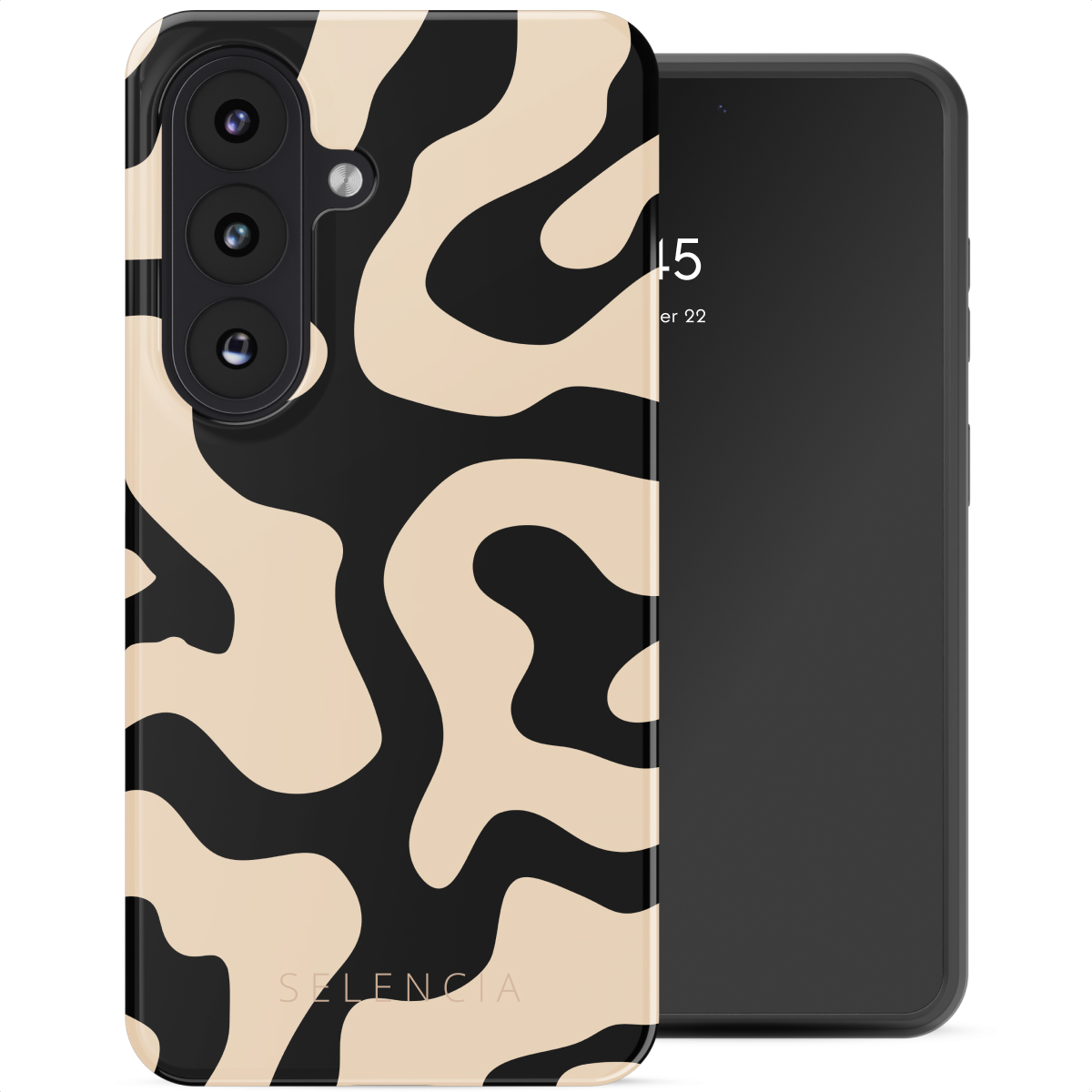 Een telefoon met een zwarte en beige abstracte patroonhoes. Het scherm toont de tijd en datum. De merknaam is SELENCIA.