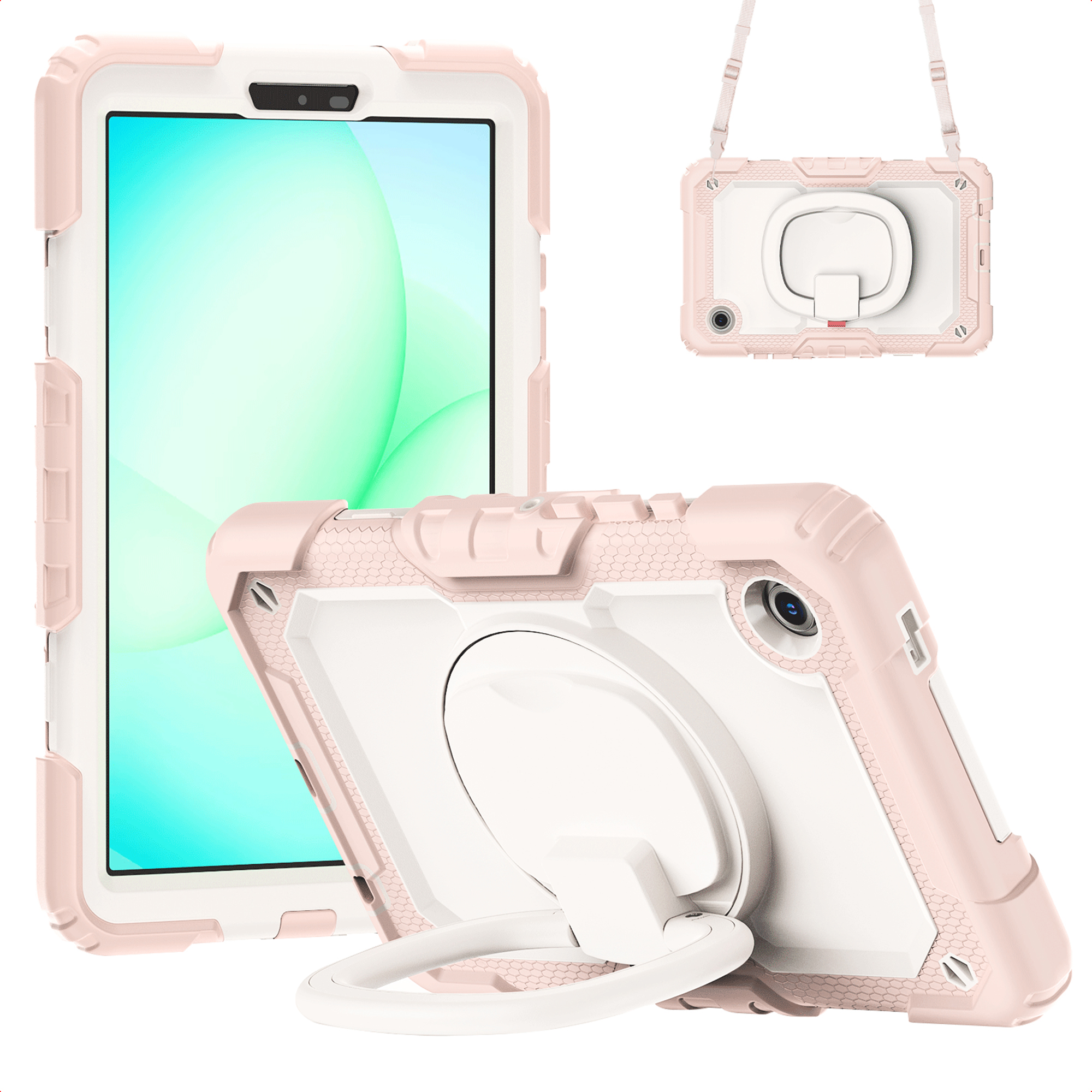 Roze en witte tablethoes met ringstandaard. Het scherm is zichtbaar en de hoes heeft een riem.