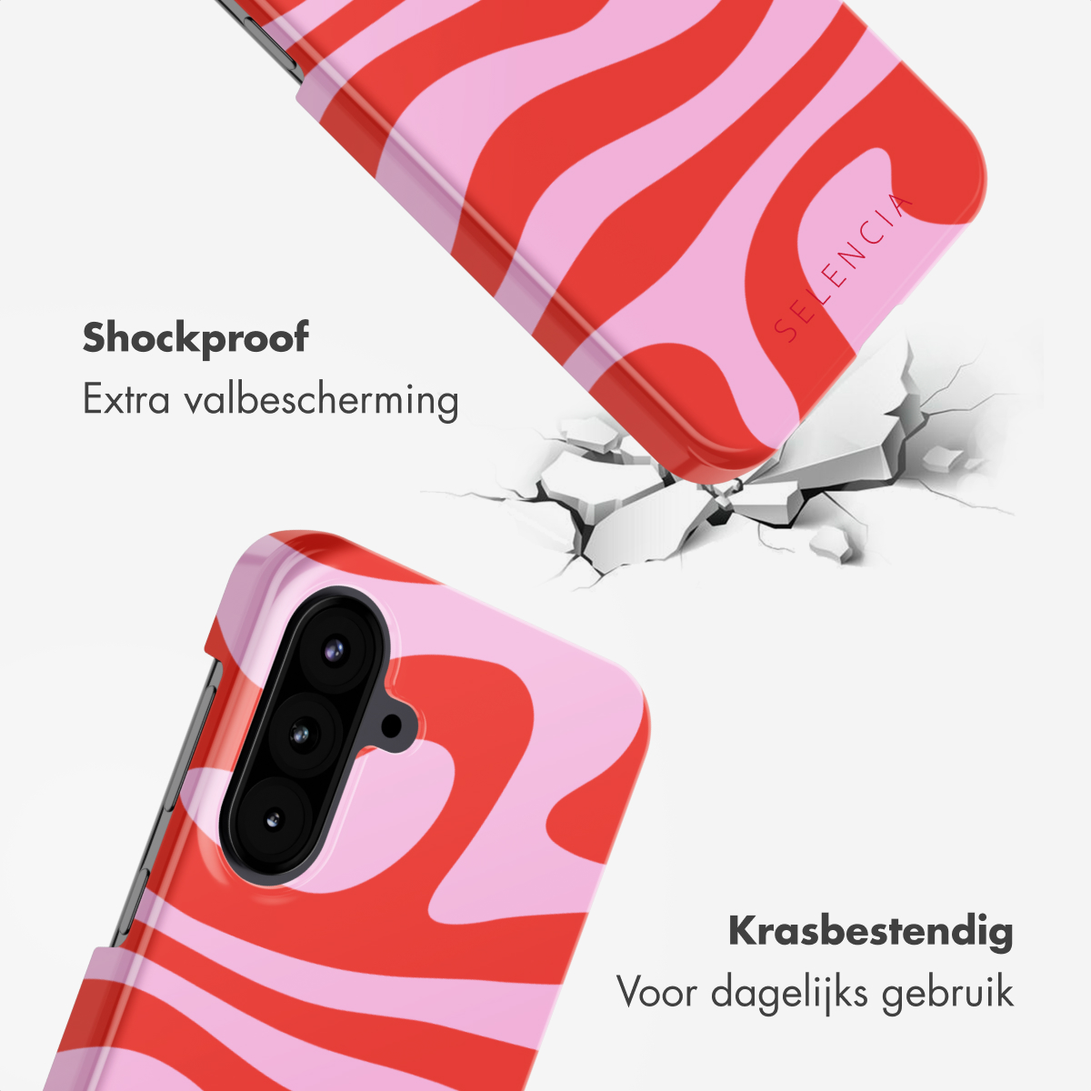 Telefoonhoesjes met rood en roze golvend design. Eén hoesje lijkt te vallen en het oppervlak eronder te kraken. Tekst: 'Schokbestendig'.