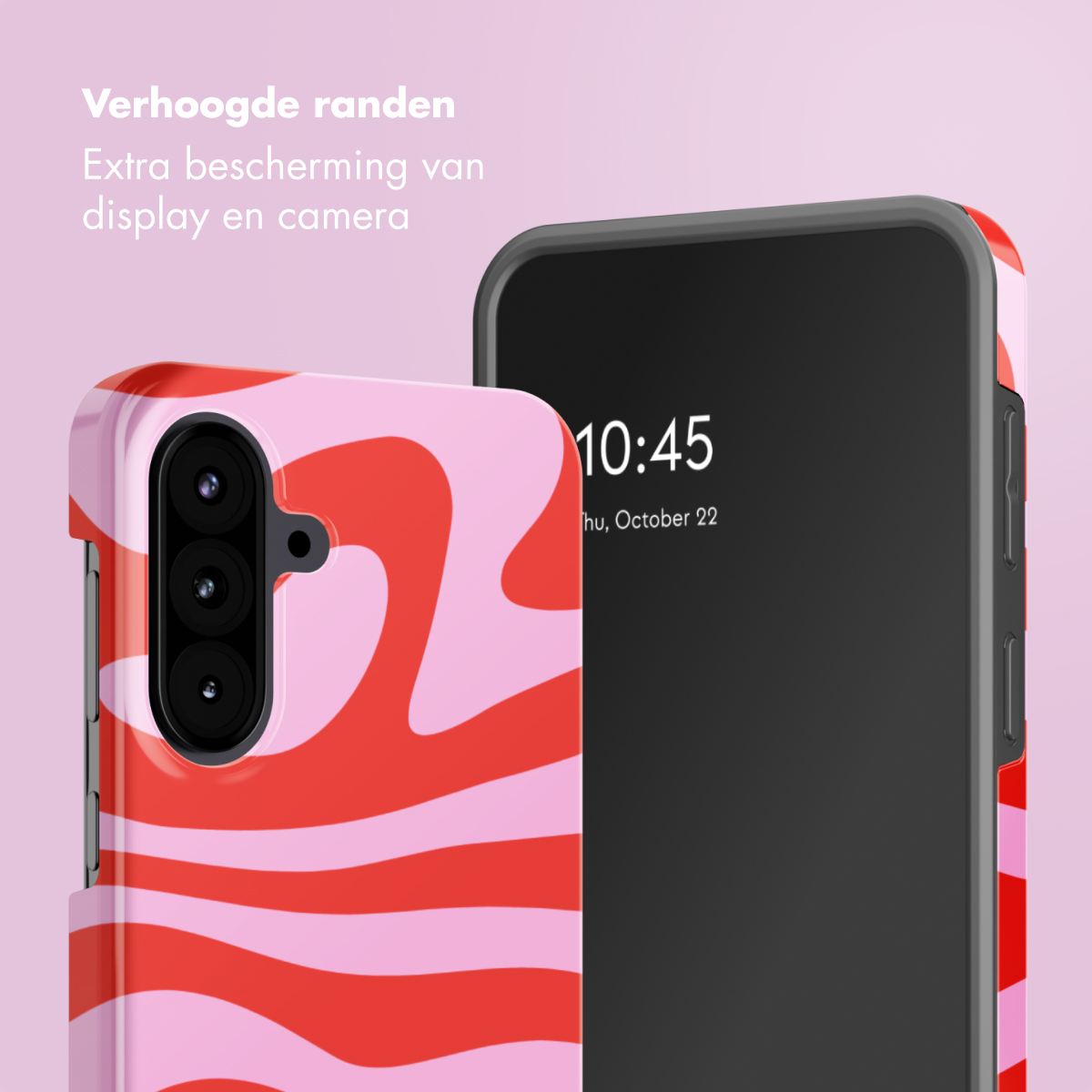 Twee telefoons met hoesjes. Eén heeft een roze en rode werveldesign, de andere toont een vergrendelscherm.