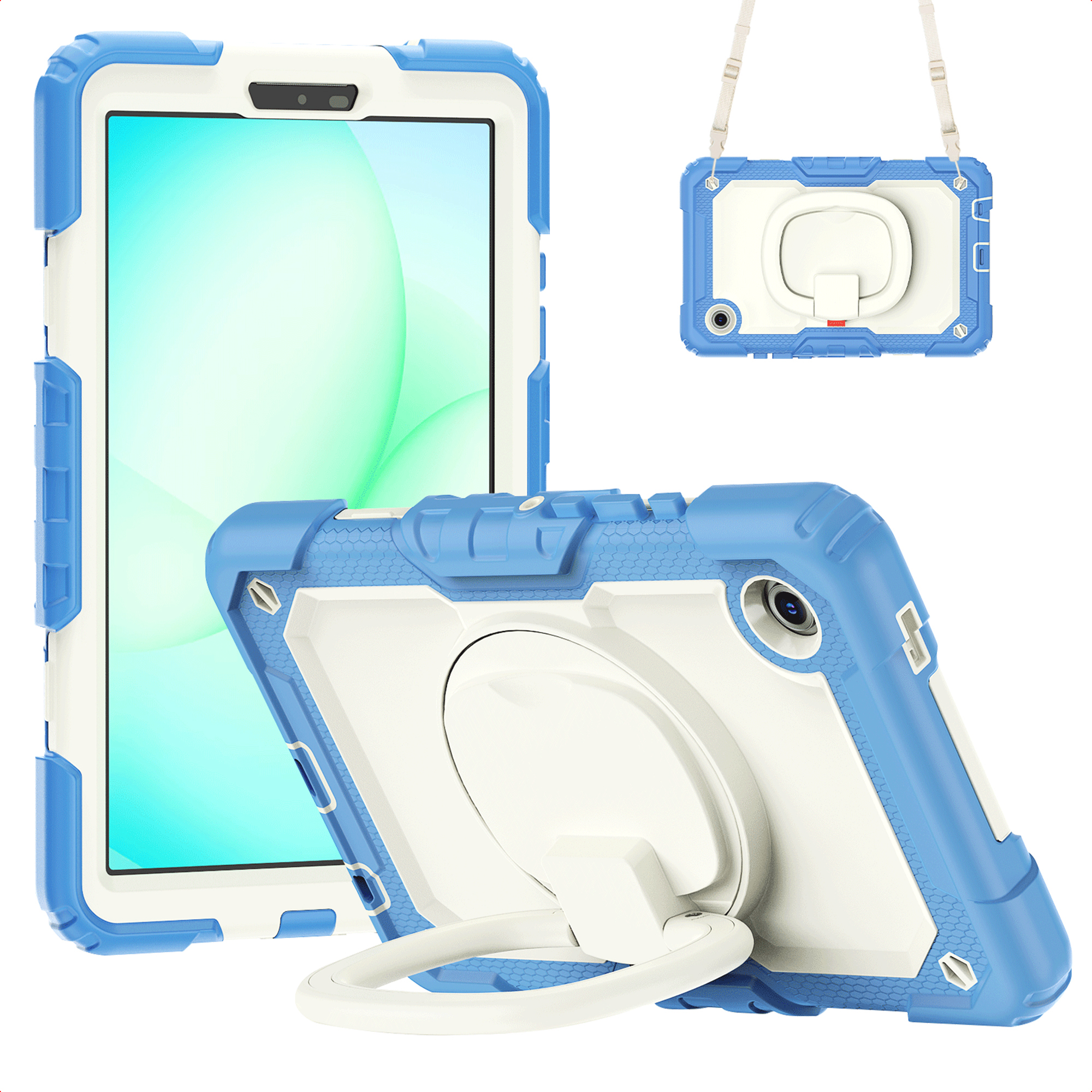 Tablet in blauw-witte hoes. Ringhouder en riem. Meerdere hoeken weergegeven op witte achtergrond.