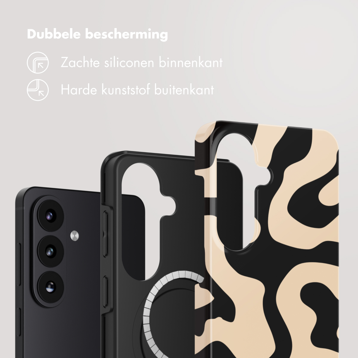 De afbeelding toont een telefoon en telefoonhoesjes in verschillende stijlen, zwart en met patronen. Bovenstaande tekst zegt 'Dubbele bescherming'.