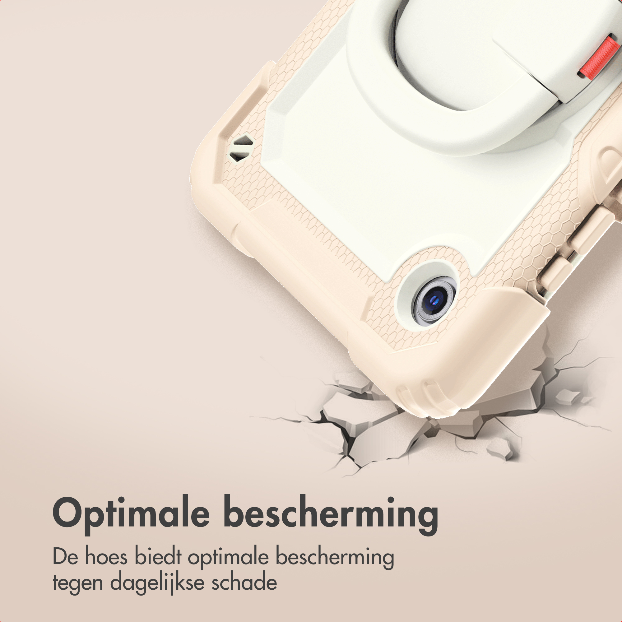 Een beige-witte telefoonhoes met een gebarsten grondeffect. De hoes heeft een cameralgat en een rode knop.