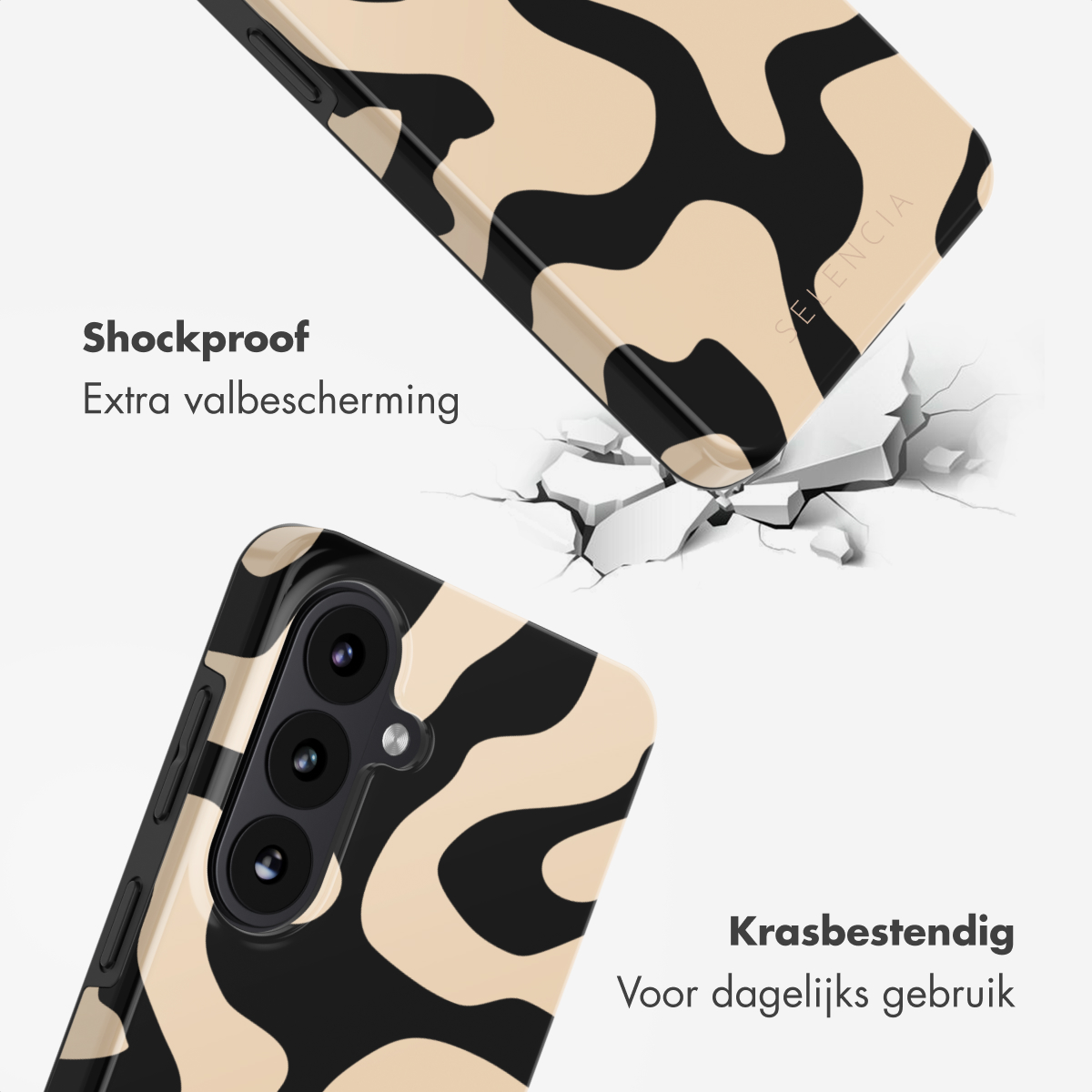 Twee telefoonhoesjes met zwart-beige patronen. Eén valt, raakt de grond en breekt het. Tekst omvat Schokbestendig en Krasbestendig.