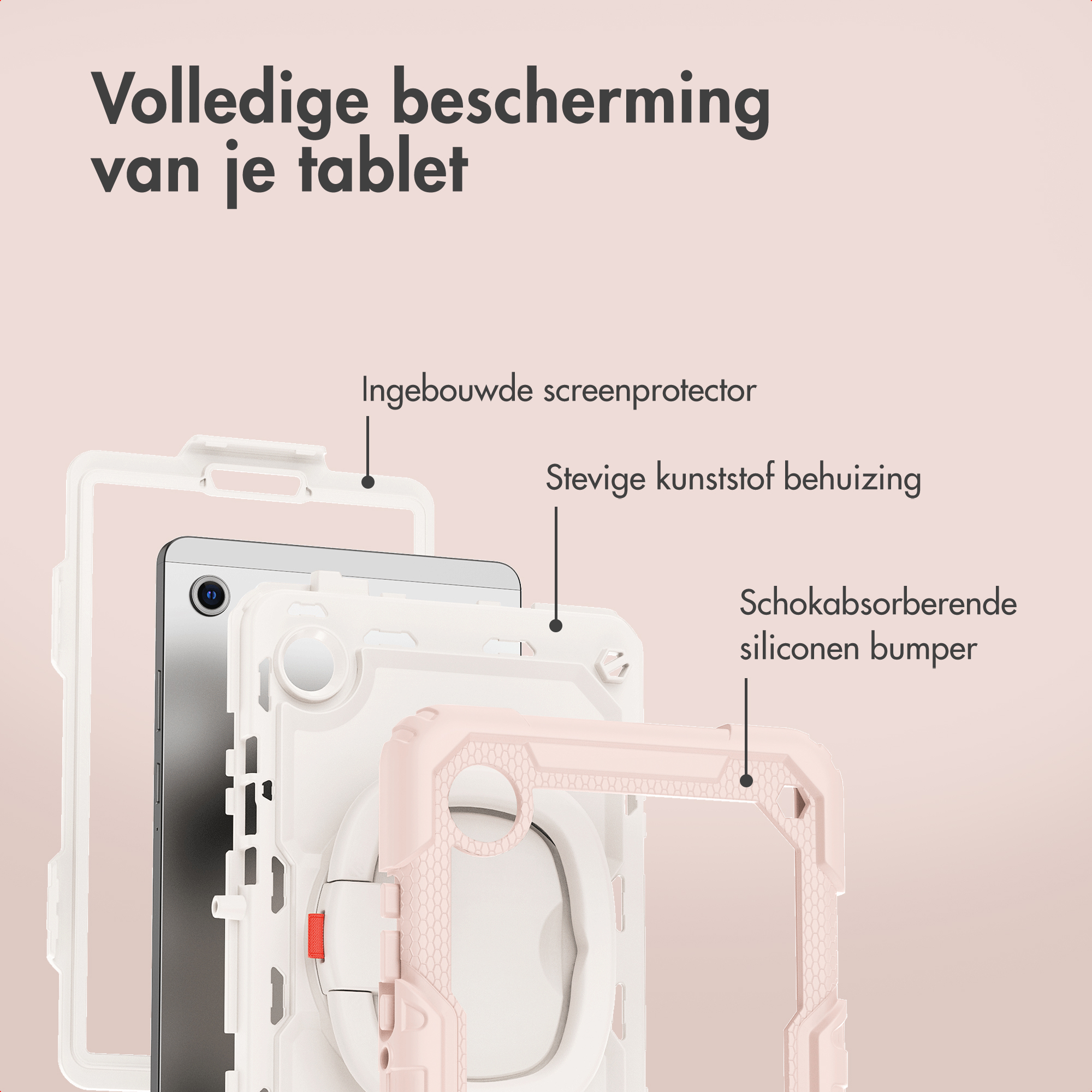 Tabletcase lagen: schermbeschermer, kunststof behuizing en siliconen bumper. Roze achtergrond met Nederlandse tekst.