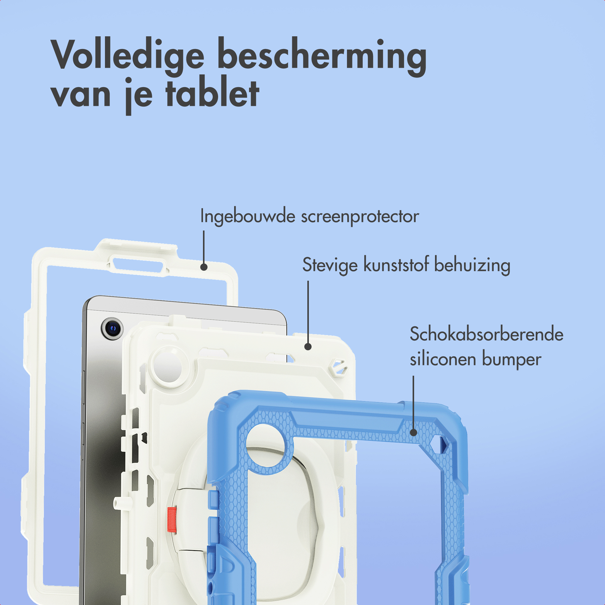Tabletbeschermhoes met schermbeschermer, hardplastic behuizing en siliconen bumper. Blauwe en witte kleuren. Tekst in het Nederlands.