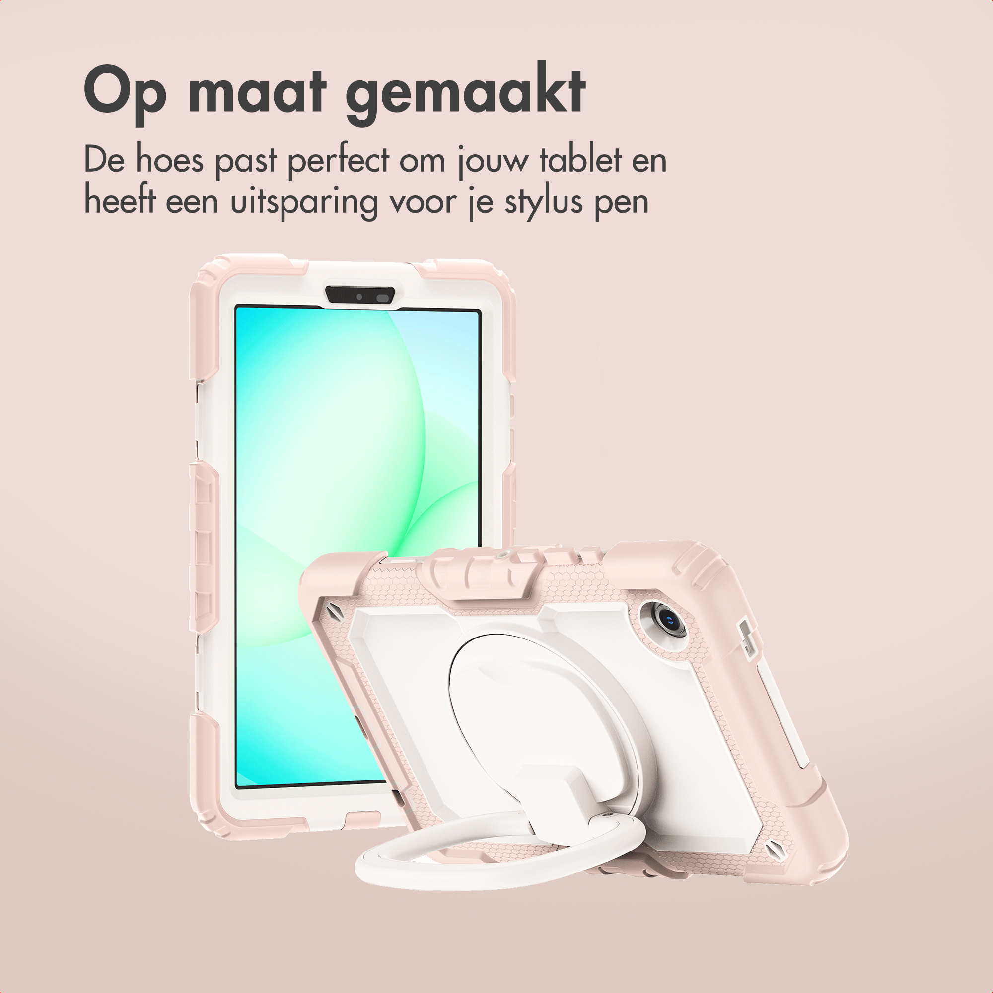 Een roze tablethoesje met een ringstandaard. De hoes staat op een lichtroze achtergrond. Nederlandse tekst.