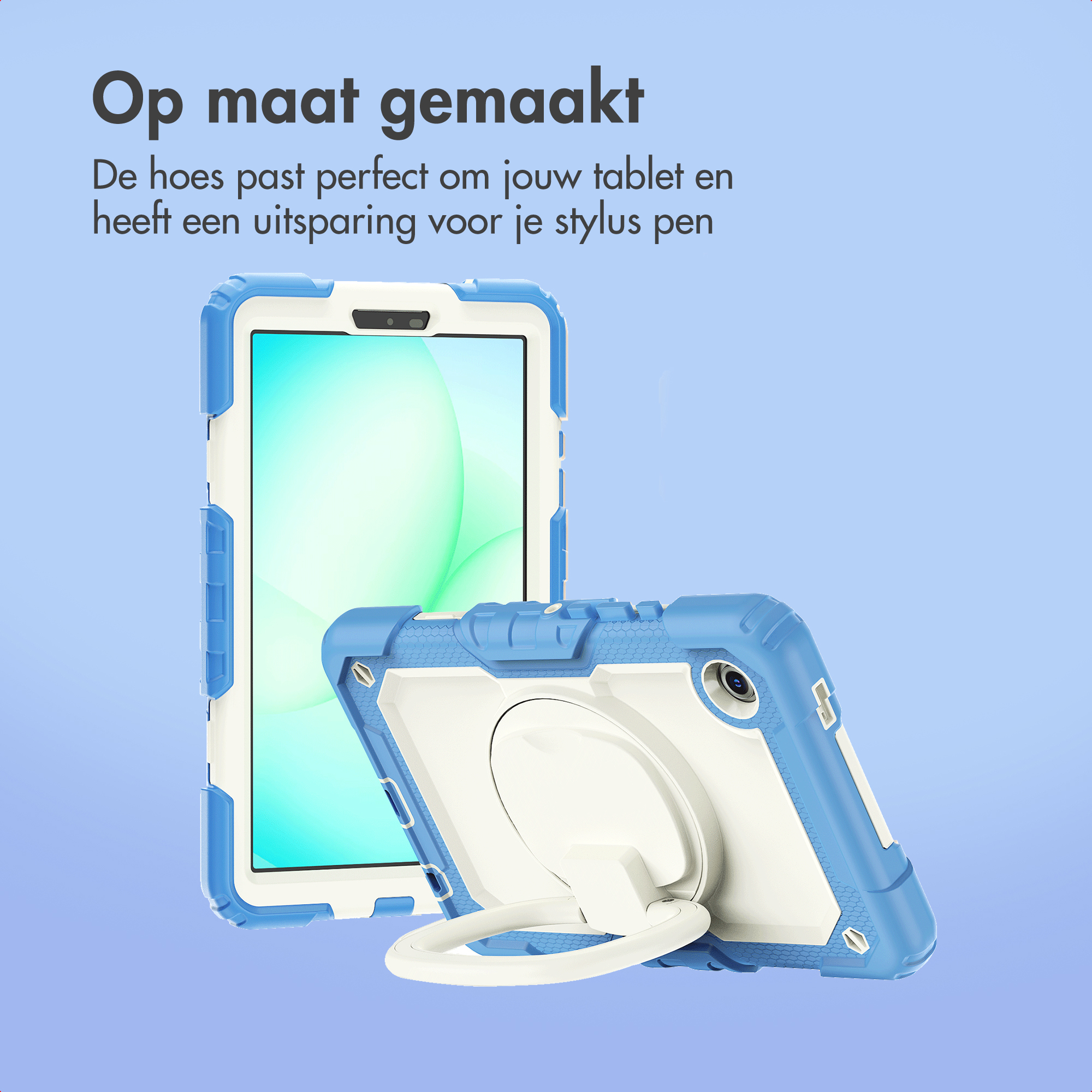 Blauwe en witte tablethoes met ringhouder, tegen een blauwe achtergrond en een tablet op de achtergrond.