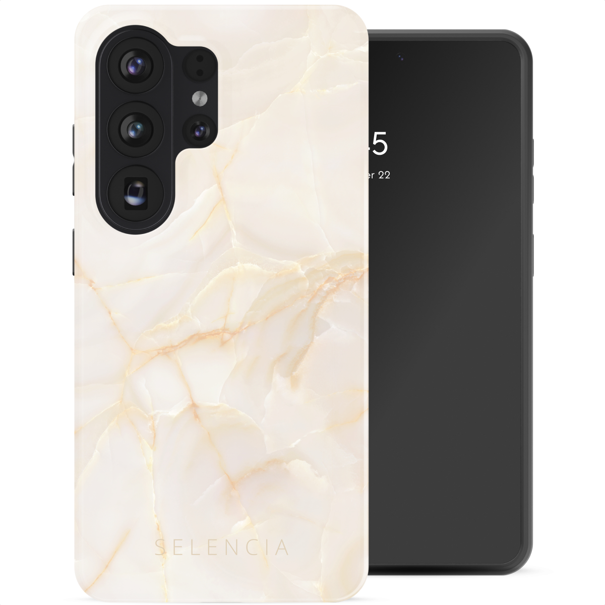 Un smartphone avec un étui à motifs de marbre et un écran noir affichant l'heure. L'étui est blanc et doré.