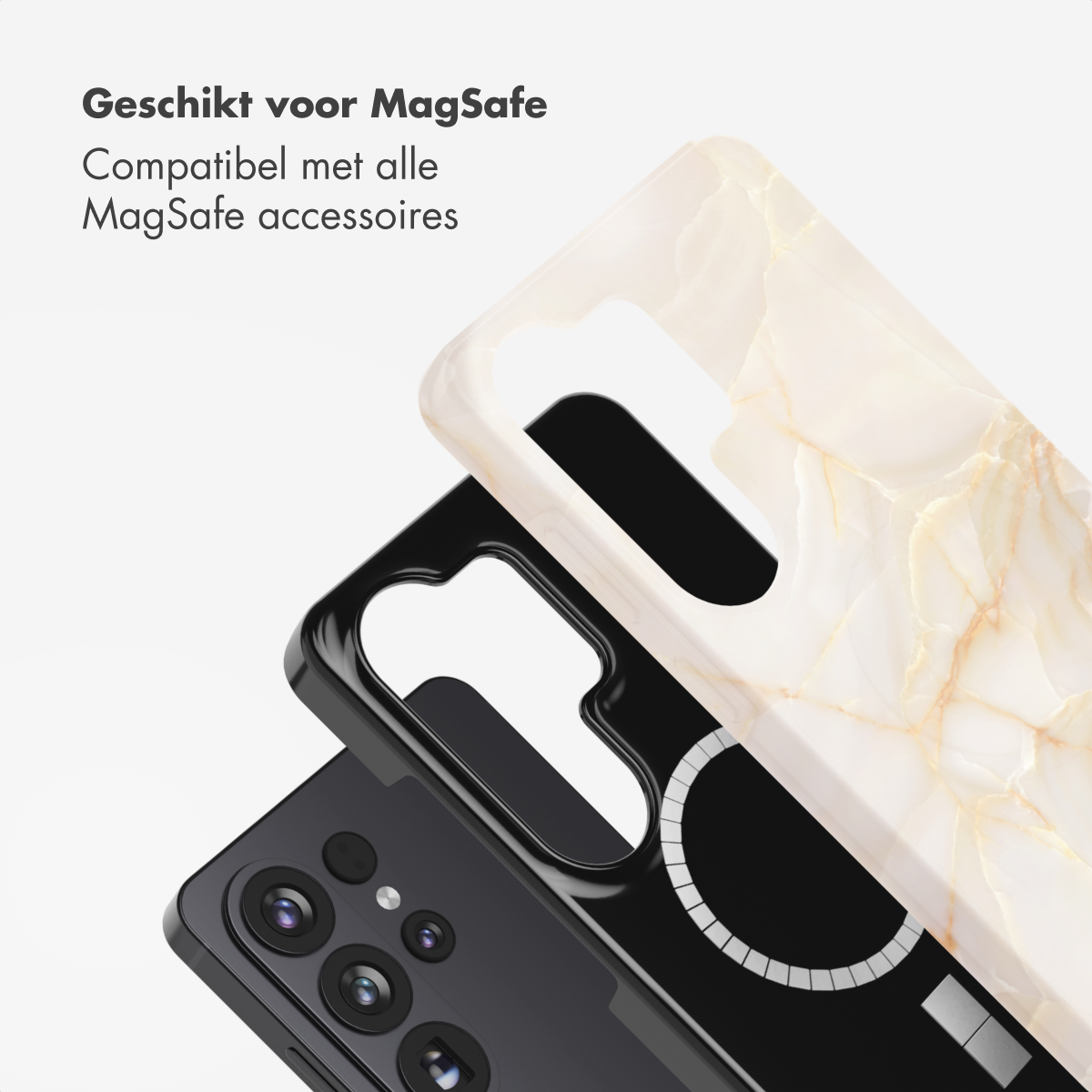 Trois étuis de téléphone: marbre, noir et téléphone. L'étui en marbre est en haut, puis un noir et un téléphone en bas.