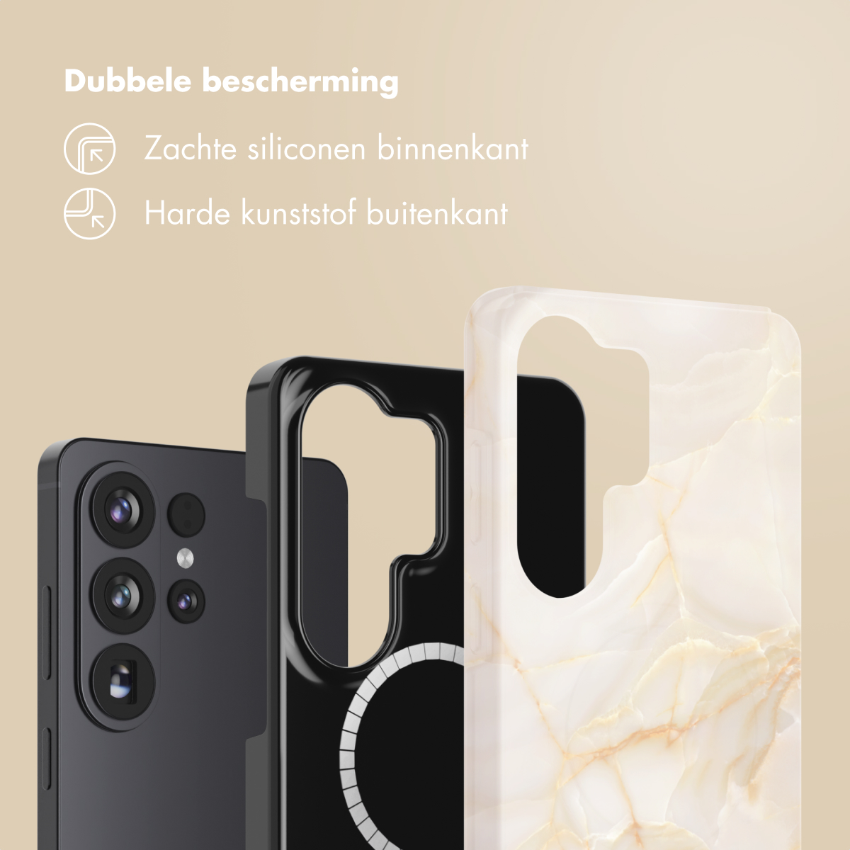 Trois coques de téléphone : noire, noire avec anneau blanc et blanche à motif marbre. Texte : 'Double protection'.