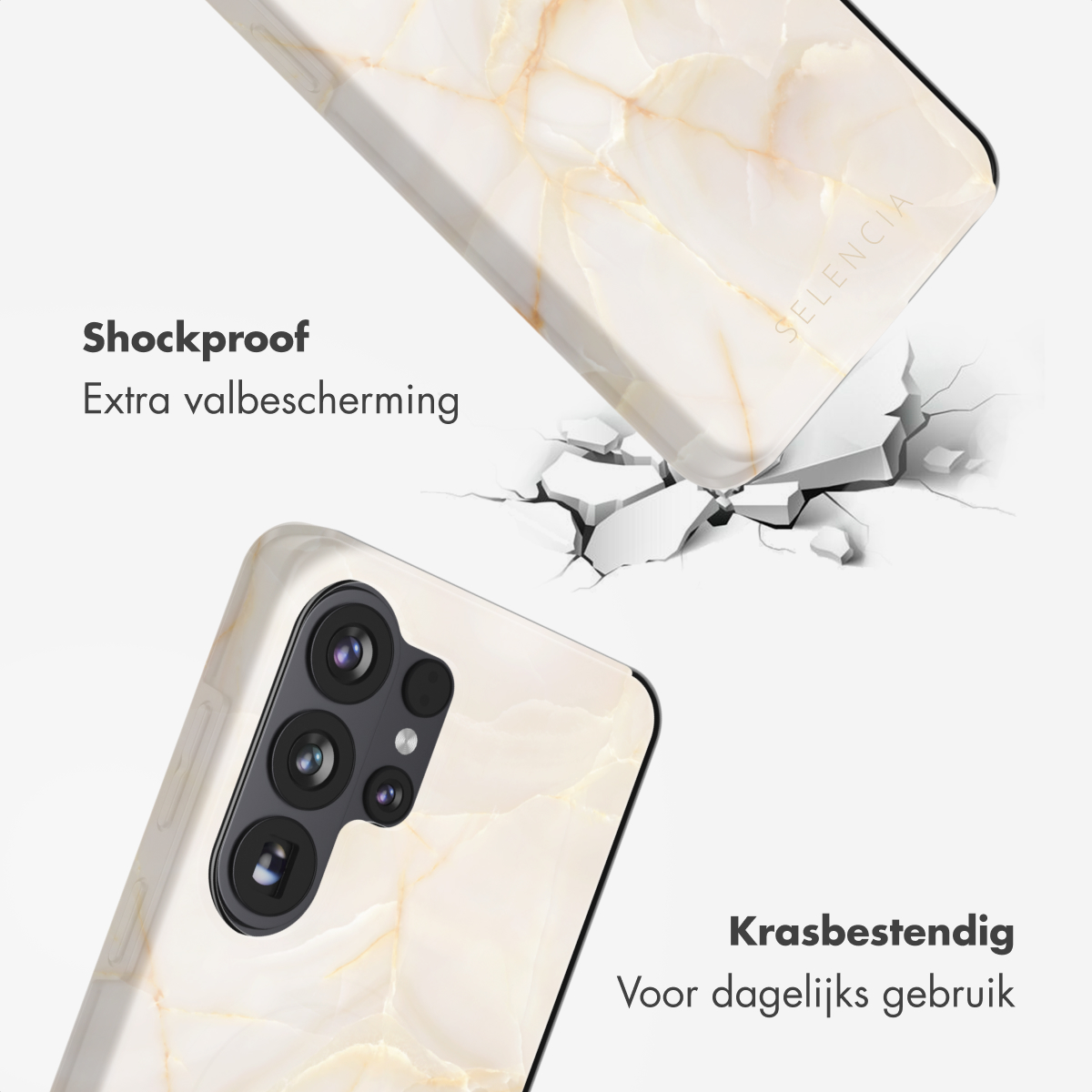 Coques de téléphone sur fond blanc. Une coque brise la surface en dessous. Texte: 'Antichoc' et 'Résistant aux rayures'.